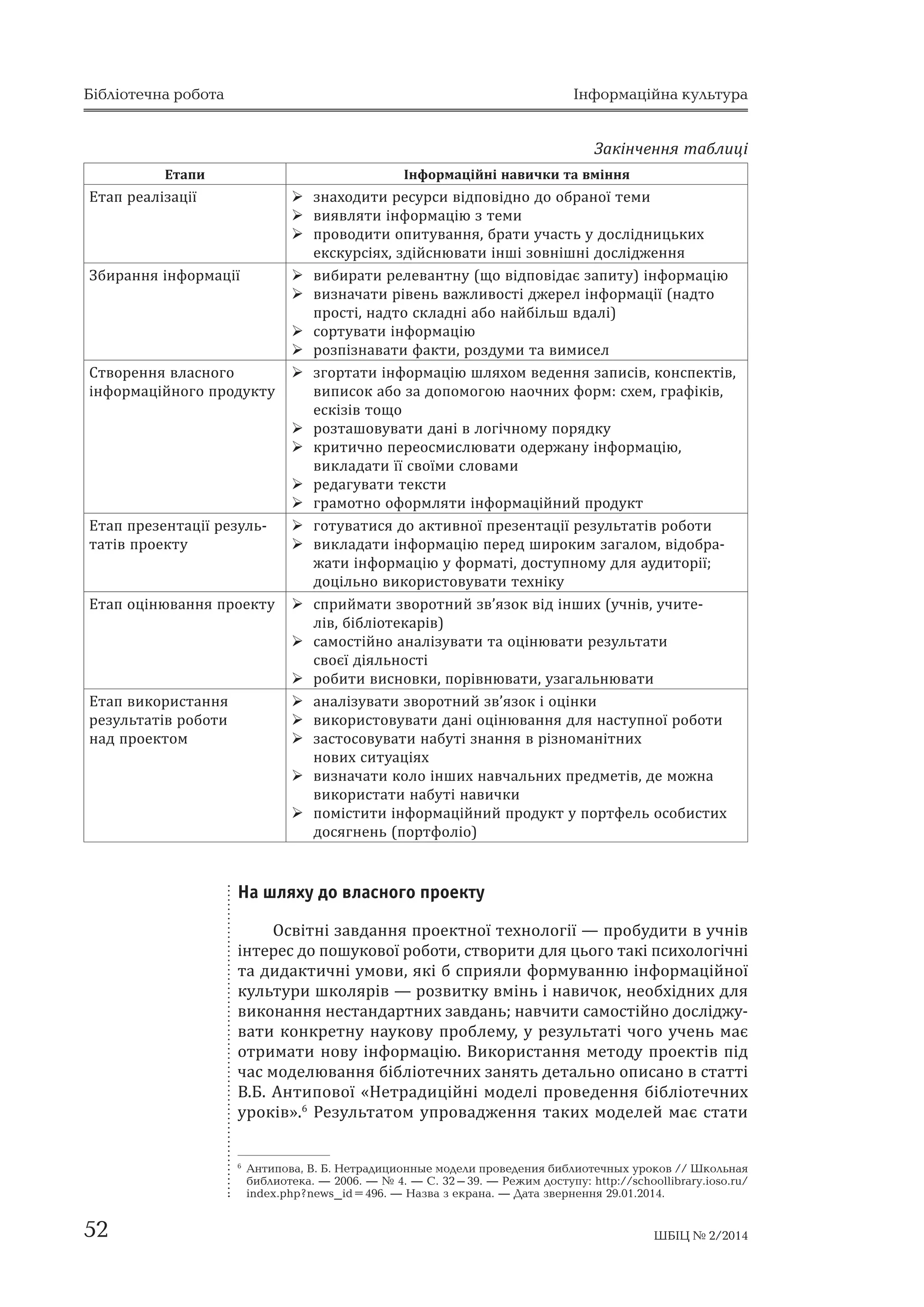 –‡Ž̺ʜ˃˅˚˃ːːˢˇˎˢˏ˃ˌ˄˖˕ː˟ˑˆˑǽ 
ˇ˃ˡ˕˟˒˪ˇ˔˕˃˅ˋ˒ˑˇ˪ˎˋ˕ˋ˔ˢː˃˄˖˕ˋˏˇˑ˔˅˪ˇˑˏ˪ˌˑˆˑ˓ˈˊ˖ˎ˟˕˃˕˃ˏˋǤ 
ʔ˗ˈˍ˕ˋ˅ːˋˏˏˈ˕ˑˇˑˏ˖˓ˈ˃ˎ˪ˊ˃˙˪˫ˊ˃˅ˇ˃ː˟ˍ˖˓˔˖˜ˑˇˑ˗ˑ˓ˏ˖Ǧ 
˅˃ːːˢˍˎˡ˚ˑ˅ˋ˘˪ː˗ˑ˓ˏ˃˙˪ˌːˋ˘ˍˑˏ˒ˈ˕ˈː˕ːˑ˔˕ˈˌ˖˚ː˪˅˅ˋˊː˃˚ˈːˑ 
ː˃˅˚˃ˎ˟ːˈ˒˓ˑˈˍ˕˖˅˃ːːˢǡˢˍˈˊ˃˔˕ˑ˔ˑ˅˖˦˕˟˔ˢˢˍˈˎˈˏˈː˕ˑˍ˓ˈˏˑˆˑ 
ˊ˃ːˢ˕˕ˢǢ ˢˍ ˒˓ˑˈˍ˕ː˃ ˗ˑ˓ˏ˃ ˖˓ˑˍ˖Ǣ ˢˍ ˒˓ˑˈˍ˕ǡ ˓ˑˊ˓˃˘ˑ˅˃ːˋˌ ː˃ 
˅ˋ˅˚ˈːːˢˑˍ˓ˈˏˑ˫˕ˈˏˋǢˢˍ˒˓ˑˈˍ˕ǡ˔˃ˏˑ˔˕˪ˌːˑ˓ˑˊ˓ˑ˄ˎˈːˋˌ˪˅ˋǦ 
ˍˑː˃ːˋˌ˖˚ːˢˏˋǤ 
ʶː˗ˑ˓ˏ˃˙˪ˌː˪ː˃˅ˋ˚ˍˋ˕˃˅ˏ˪ːːˢǡ˜ˑ˗ˑ˓ˏ˖ˡ˕˟˔ˢ˅˖˚ː˪˅ː˃ 
˅˔˪˘ˈ˕˃˒˃˘˓ˈ˃ˎ˪ˊ˃˙˪˫˒˓ˑˈˍ˕˖ǡː˃˅ˈˇˈːˑ˅˕˃˄ˎˋ˙˪Ǥ 
ʡ˃˄ˎˋ˙ˢ 
ʓʓˋˋ˅˅ǤˇǤˇˑˑˇˇ˃˃˕˕ˑˑˍˍͷ͸ 
ʔ˕˃˒ˋ ʶː˗ˑ˓ˏ˃˙˪ˌː˪ː˃˅ˋ˚ˍˋ˕˃˅ˏ˪ːːˢ 
ʔ˕˃˒ˑ˓˪˦ː˕˖˅˃ːːˢ ¾ ˅ˋˊː˃˚˃˕ˋ˕ˈˏ˖Ȁ˒˓ˈˇˏˈ˕ˇˑ˔ˎ˪ˇˉˈːːˢ 
¾ ˅ˋˊː˃˚˃˕ˋ˙˪ˎ˟ˑ˅˖˃˖ˇˋ˕ˑ˓˪ˡ˒˓ˈˊˈː˕˃˙˪˫ 
ʔ˕˃˒˓ˑˊ˓ˑ˄ˎˈːːˢ ¾ ˅ˋ˄ˋ˓˃˕ˋ˅˪ˇ˒ˑ˅˪ˇː˖˗ˑ˓ˏ˖˒˓ˈˇ˔˕˃˅ˎˈːːˢˆˑ˕ˑ˅ˑˆˑ 
˪ː˗ˑ˓ˏ˃˙˪ˌːˑˆˑ˒˓ˑˇ˖ˍ˕˖ 
¾ ˅ˋˢ˅ˎˢ˕ˋˍˎˡ˚ˑ˅˪˔ˎˑ˅˃ 
¾ ˒ˎ˃ː˖˅˃˕ˋ˔˕˓˃˕ˈˆ˪ˡ˒ˑ˛˖ˍ˖ 
¾ ˅ˋˊː˃˚˃˕ˋˍˑˎˑˌ˕ˋ˒ˇˉˈ˓ˈˎ˪ː˗ˑ˓ˏ˃˙˪˫ 
ʔ˕˃˒˒ˎ˃ː˖˅˃ːːˢ ¾ ˅ˋˊː˃˚˃˕ˋˈ˕˃˒ˋ˒˓ˑ˙ˈ˔˖ 
¾ ˓˃˙˪ˑː˃ˎ˟ːˑ˓ˑˊ˒ˑˇ˪ˎˢ˕ˋ˚˃˔ 
¾ ˓ˑˊ˒ˑˇ˪ˎˢ˕ˋˑ˄ˑ˅ǯˢˊˍˋˏ˪ˉ˚ˎˈː˃ˏˋˆ˓˖˒ˋ 
4 Мяэотс, О. Н. Уроки информационной грамотности в школе : метод. рекомендации. — М. , 
2005. — 29 с. — (Серия «Библиотека в школе»; вып. 2); Основы информационной культуры : 
учеб. программа курса для учащихся ст. кл. общеобр. школ, гимназий, лицеев // Форм. 
информ. культ. личности в б-ках и общеобразоват. учреждениях / Гендина Н. И. и др. — 
М., 2002. — С. 37–50; Основы информационной культуры : прогр. дополн. образования 
для уч. 1–11 классов. — Озерск, 2000. — 27 с. 
5 Навчальна програма для учнів ліцею «Основи інформаційної культури» схвалена науково- 
методичною радою Київського обласного інституту післядипломної освіти педагогічних 
кадрів (протокол № 7 від 01.11.07 р.). 
ШБІЦ № 2/2014 51 
 