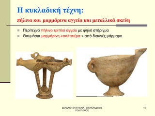 ΣΕΡΔΑΚΗ ΕΥΑΓΓΕΛΙΑ - Ο ΚΥΚΛΑΔΙΚΟΣ ΠΟΛΙΤΙΣΜΟΣ 
14 
Η κυκλαδική τέχνη: πήλινα και μαρμάρινα αγγεία και μεταλλικά σκεύη 
Περίτεχνο πήλινο τριπλό αγγείο με ψηλό στήριγμα 
Θαυμάσια μαρμάρινη «σαλτσιέρα » από διαυγές μάρμαρο  