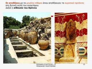 ΣΕΡΔΑΚΗ ΕΥΑΓΓΕΛΙΑ - Ο ΜΙΝΩΙΚΟΣ ΠΟΛΙΤΙΣΜΟΣ 
15 
Οι αποθήκες με τα μεγάλα πιθάρια όπου αποθήκευαν τα αγροτικά προϊόντα στη δυτική αυλή του ανακτόρου Δεξιά η αίθουσα του θρόνου 
 