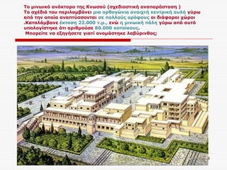 ΣΕΡΔΑΚΗ ΕΥΑΓΓΕΛΙΑ - Ο ΜΙΝΩΙΚΟΣ ΠΟΛΙΤΙΣΜΟΣ 
9 
Το μινωικό ανάκτορο της Κνωσού (σχεδιαστική αναπαράσταση ) Το σχέδιό του περιλαμβάνει μια ορθογώνια ανοιχτή κεντρική αυλή γύρω από την οποία αναπτύσσονται σε πολλούς ορόφους οι διάφοροι χώροι .Καταλάμβανε έκταση 22.000 τ.μ., ενώ η μινωική πόλη γύρω από αυτό υπολογίστηκε ότι αριθμούσε 80.000 κατοίκους. Μπορείτε να εξηγήσετε γιατί ονομάστηκε λαβύρινθος; 
 