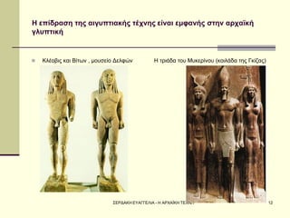 ΣΕΡΔΑΚΗ ΕΥΑΓΓΕΛΙΑ - Η ΑΡΧΑΪΚΗ ΤΕΧΝΗ 
12 
Η επίδραση της αιγυπτιακής τέχνης είναι εμφανής στην αρχαϊκή γλυπτική 
Κλέοβις και Βίτων , μουσείο Δελφών Η τριάδα του Μυκερίνου (κοιλάδα της Γκίζας)  