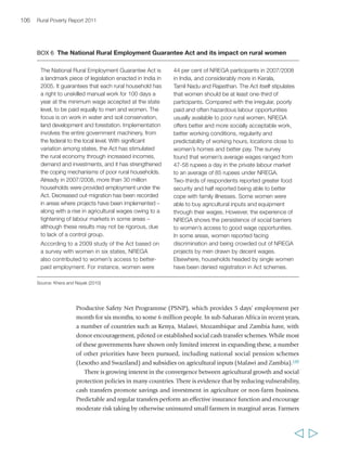 108 Rural Poverty Report 2011 
Key messages from this chapter 
First, avoiding and managing risk is a prerequisite for poor rural households to move 
out of poverty, and it is thus central to their livelihood strategies. At the household 
level, decisions about how to allocate and use cash, land and labour are a function 
not only of available opportunities, but also of the need to minimize the possibility 
that the household will be exposed to shocks that can throw it into poverty, prevent 
it from moving out of poverty or significantly reduce its ability to spend on its primary 
needs. In many cases, however, the need to minimize the possibility and impact of 
shocks undermines people’s ability to seize opportunities – notably by preventing or 
discouraging them from taking the risks involved in investing resources in pursuing 
the opportunities. Understanding that avoiding or effectively managing risk is a priority for 
poor rural people is a necessary starting point for designing policies and investments to enable 
rural women and men to benefit from new opportunities. 
Second, shocks are a primary factor contributing to impoverishment or remaining 
in poverty. Poor rural women and men are especially exposed to a range of types of 
shocks because of their kinds of livelihoods, the areas in which they live and their 
assets and capabilities. In addition, they have less resilience than less poor households 
because they have a more limited asset base to use for coping, fewer opportunities to 
accumulate enough to face significant shocks, and a weaker institutional, 
infrastructural and service network on which to rely. When shocks do occur, people 
employ a wide range of coping strategies, but these may involve incurring debt or 
selling assets, which will leave them more vulnerable to future shocks. To support more 
individuals and households in steadily climbing out of poverty, it is important both to reduce 
their exposure to shocks and to strengthen their resilience by enhancing their individual and 
collective capabilities and by addressing these interlocking disadvantages. 
Third, the risk environment is becoming worse for poor rural people in many 
parts of the world. The increasing risk factors affecting poor rural people include 
natural resource degradation and climate change; the growing insecurity of their 
access to land; the crisis of common property resources and related institutions; and 
the greater volatility of food prices. In addition to these, more long-standing risks are 
related to ill health, climate variability, the costs of important social ceremonies and 
poor governance (including state fragility), among others. In this environment, new 
opportunities for growth in rural areas are likely to be beyond the reach of many 
poor rural households and individuals – especially those whose resilience is 
undermined by inequalities and disadvantages organized around, for example, age, 
gender or ethnicity. In many cases, innovative policies and investments are needed to 
address the new or growing risks, and to enhance responses to long-standing risks. This often 
entails collaboration among a variety of actors, from state actors to the private sector and 
civil society. 
  
 