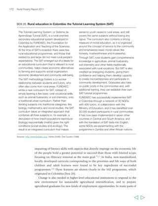 Chapter 5 Sustainable agricultural intensification 175 
and dissemination to 5 to 7 years – half as long as the 10 to 15 years in a conventional 
breeding programme.283 As a result, many agricultural research organizations are 
moving in the direction of multistakeholder or participatory innovation; however, 
they have not yet consistently built the demand for innovation among farmers and 
their organizations or the relationships with the private sector that are necessary to 
bring successful products to large numbers of poor farmers.284Much research remains 
focused on crops and livestock products that are not the ones of primary importance 
for poor producers, and women farmers are still, for the most part, marginal players 
in participatory research approaches. In addition, incentive and reward systems 
typically remain wedded to the standard metrics of research publication, rather than 
to the practice of research that puts women and men farmers first and promotes 
participatory approaches to innovation. Realizing the necessary changes requires new 
skills, partnerships and institutional configurations. 
What would research for sustainable agricultural intensification look like? It is 
largely described as “transforming agricultural research for development” (TAR4D).285 
Aimed particularly at helping resource-poor households achieve sustainable food 
and income security, the TAR4D agenda operates on the principle that activities are 
best conducted where research results need to be applied and at the lowest level 
possible. It builds its priorities from the bottom-up through socially-inclusive 
processes involving the poor and disenfranchised. It brings into play a diversity of 
approaches, including combinations of traditional knowledge, conventional 
technologies, agroecological methods and modern biotechnology; and it integrates 
participatory approaches with scientific and experimental methods and links farmers’ 
methods with scientific innovation systems. TAR4D brings to development processes 
greater sensitivity, active partnerships, commitment to building the capacity 
of partners (particularly the beneficiaries) and increased accountability for more 
and better results on all fronts: poverty reduction, productivity growth and 
environmental sustainability. 
Agricultural advisory services 
The standard, public sector model of agricultural extension based on technology 
transfer and delivery has all but disappeared in many countries. Some countries, 
especially but not exclusively in Latin America, have gone far in privatizing and 
contracting out advisory services.286 Extension has been decentralized, and a variety 
of alternative advisory services have emerged, including private extension efforts run 
by agri-input and agro-processing/agribusiness companies, a vast assortment of 
NGO-supported efforts, services run by producer organizations, farmer-to-farmer 
exchanges and mobile phone and Internet-based services.287 In practice, however, the 
range of service and information choices for poor farmers often remains very limited. 
Women farmers and marginal livestock producers are often excluded. 
  
 