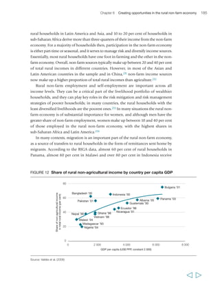 populated areas, where demand is higher;297 their 
composition is often a function of this. Deep in the 
rural areas, the non-farm economy may be limited 
to small retailers, farm equipment repair services, and 
input supply firms; while in small towns, there may 
be other services such as primary schools, health 
clinics, barber shops, milling facilities, phone and 
Internet services and bars; and in larger towns, there 
may be all of these plus restaurants, wholesale 
distributors, higher-level schools and health facilities. 
Different opportunities in the non-farm economy 
are open to different groups. Typically, education is 
key to accessing good employment opportunities in 
the non-farm economy. Poor people dominate many 
of the low-return activities such as cottage industries, 
small-scale trading and unskilled wage labour used 
in construction, portering and many personal 
services. The poor are more likely to be in casual 
rather than regular wage labour; while their 
businesses are likely to be labour-intensive and 
small-scale. For rural women, the non-farm economy 
188 Rural Poverty Report 2011 
is generally more important as a source of employment than agricultural labour 
markets in most regions, with the exception of South Asia;298 however, as noted earlier 
in the report, gender inequalities may be reflected through differential access to 
employment and business opportunities, or lower wages for the same work. 
What drives the rural non-farm economy? 
Agricultural development has long been recognized as playing an important role in 
fostering development in the rest of the economy299 through a series of linkages 
between it and other sectors. Agriculture also generally plays a predominant role in 
influencing the size and structure of the rural non-farm economy, by supplying raw 
materials for agro-processing, providing a market for agricultural inputs and 
consumer goods and services, releasing labour into other sectors of the economy and 
supplying – and reducing the price of – food to the non-farm economy. 
In regions where agriculture has grown robustly, the rural non-farm economy has 
also typically enjoyed rapid growth. The literature suggests that each dollar of 
additional value added in agriculture generates another 30 to 80 cents in second-round 
income gains elsewhere in the economy,300 depending on factors such as 
  
“If the daughter was [considered] equal, 
and was studying, her life would also 
be better in the future… there would be 
benefits… She can get a job in a school 
or give tuition at home. So, for 
daughters the benefits [of education] 
are even more than for sons.” 
Rawela Jan, 
female, 40 years, Pakistan 
“Girls are always in a hurry to make 
some money by going to Dakar to work 
as maids. It’s never too late to become 
a maid. The girl should first try hard at 
school, and if it doesn’t work, then she 
can go work as a maid. Girls should 
also have higher ambitions than being 
maids. Why can’t they aim to work in 
offices like men?” 
Abibatou Goudiaby, 
female, 21 years, Senegal 
 