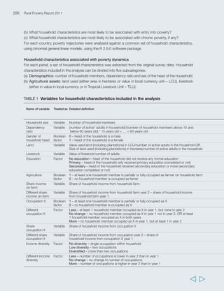 289 
Annex 4 Household panel data – capturing poverty dynamics and determinants 
  
Figure 1 presents the data on rural poverty dynamics in visual form. It shows the following: 
(a) First, there is a great deal of movement across national poverty lines in rural areas across countries. This 
reflects mobility in and out of poverty. Other work on poverty dynamics shows that household expenditure 
is close to national poverty lines for a large number of rural households, which may explain frequent 
movement across these lines. 
(b) Second, chronic poverty incidence varies considerably between countries, although this is a reflection, at 
least in part, of different national poverty lines. Based on their national poverty lines, chronic poverty is very 
high in the two urbanizing countries of the set: Nicaragua and South Africa. In Ethiopia, Uganda and the 
United Republic of Tanzania (the most agriculture-based countries of the set), the proportion of chronic poor 
is relatively lower, with trajectories in and out of poverty being instead relatively frequent. Again, however, 
cross-country comparability is weak given the different value of national poverty lines. 
(c) Third, a great deal of mobility out of poverty was recorded in countries that did well in terms of growth and 
development during the period between the two survey years, such as Uganda and Viet Nam. A large 
proportion of rural households clearly benefited from growth in these contexts. 
(d) The frequency of downward mobility is ‘significant’ to ‘very high’ across the board, highlighting both the 
widespread vulnerability of rural people to factors that may cause them to fall (back) into poverty and the fact 
that macroeconomic growth is not enough in itself to prevent rural people from falling into poverty. 
Poverty dynamics and rural household characteristics 
The three models below present the results of the statistical models used to test the association of poverty 
dynamics with the different factors described in table 1. 
 