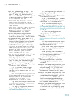 Misra, R.S. 2009. ITC Choupal fresh. In Inclusive 
value chains in India: Linking the smallest producers 
to modern markets, ed. M. Harper. Singapore: 
World Scientific Publishing. 
Mitchell, J., and C. Coles. (Forthcoming). Trading up: 
How to link the rural poor to viable markets. London: 
Overseas Development Institute. 
Mitchell, J., J. Keane, and C. Coles. 2009. Trading up: 
How a value chain approach can benefit the rural 
poor. London: Overseas Development Institute. 
Mousseau, F. 2010. The high food price challenge: 
A review of responses to combat hunger. 
Oakland, USA: The Oakland Institute. 
Muller, T. R. 2004. HIV/AIDS and agriculture in 
Sub-Saharan Africa: Impact on farming systems, 
agricultural practices and rural livelihoods. An 
overview and annotated bibliography. Wageningen, 
The Netherands: Wageningen Academic Publishers. 
Narayan, D., L. Pritchett and S. Kapoor. 2009. 
Moving out of poverty: vol. 2, Success from the 
bottom up. Washington, D.C.: World Bank/ 
Basingstoke, UK: Palgrave Macmillan. 
Natcher, D.C., S. Davis, and C.G. Hickey. 2005. 
Co-management: Managing relationships, not 
resources. Human Organization 64(3): 240-250. 
National Intelligence Council. (NIC). 2008. Global trends 
2025: A transformed world. Washington, D.C.: NIC. 
Nederlof, E.S., B. Wennink, and W. Heemskerk. 2008. 
Access to agricultural services. Background paper 
for the IFAD Rural poverty report 2011. 
Nelson, G.C., M.W. Rosegrant, J. Koo, R. Robertson, 
T. Sulser, T. Zhu, C. Ringler, S. Msangi, A. Palazzo, 
M. Batka, M. Magalhaes, R. Valmonte-Santos, 
M. Ewing, and D. Lee. 2009. Climate change: Impact 
on agriculture and costs of adaptation. Washington, 
D.C.: International Food Policy Research Institute. 
Nelson, J., E. Ishikawa, and A. Geaneotes. 2009. 
Developing inclusive business models: A review 
of Coca-Cola’s manual distribution centers in 
Ethiopia and Tanzania. Cambridge, USA: Harvard 
Kennedy School. 
Nikièma, B., S. Haddad, and L. Potvin. 2008. 
Women bargaining to seek healthcare: Norms, 
domestic practices, and implications in rural 
Burkina Faso. World Development, 36(4): 608-624. 
Nunan, F. 2006. Planning for integrated lake 
management in Uganda: Lessons for sustainable and 
effective planning processes. Lakes and Reservoirs: 
Research and Management, 11: 181-199. 
Sources 311 
Okello, J.J., and S.M. Swinton. 2005. Compliance with 
international food safety standards in Kenya’s green 
bean industry: Comparison of a small- and a large-scale 
farm producing for export. Applied Economic 
Perspectives and Policy 29(2): 269-285. 
Oketch, M.O. 2007. To vocationalise or not to 
vocationalise? Perspectives on current trends and 
issues in technical and vocational education and 
training (TVET) in Africa. International Journal of 
Educational Development 27(2): 220-234. 
O’Meally, S. 2009. The World Bank and the idea of 
sustainable development: The case of Lake Victoria 
environmental management. University of 
Manchester, UK. (Ph.D. thesis) 
Omotayo, O.E., and K.S. Chukwuka. 2009. Soil fertility 
restoration techniques in sub-Saharan Africa using 
organic resources. African Journal of Agricultural 
Research 4(3): 144-150. 
One Country. 1996. Rural learning helps stem urban 
migration. One Country 7(4). Available at: 
http://www.onecountry.org/oc74/oc7401as.html 
Onumah, G., J.R. Davis, U. Kleih, and F.J. Proctor. 
2007. Empowering smallholder farmers in markets: 
Changing agricultural marketing systems and 
innovative responses by producer organizations. 
Working Paper 2, Empowering Smallholder Farmers 
in Markets (ESFIM), Wageningen University and 
Research Centre, The Netherlands. 
Organisation for Economic Co-operation and 
Development (OECD). 2006. Promoting pro-poor 
growth: Agriculture. Paris: OECD. 
Organisation for Economic Co-operation and 
Development (OECD) and Food and Agriculture 
Organization of the United Nations (FAO). 2009. 
Agricultural outlook 2009-2018. Paris: OECD. 
_____. 2010. Agricultural outlook 2010-2019. 
Paris: OECD. 
Organisation for Economic Co-operation and 
Development (OECD) and International Energy 
Agency (IEA). 2006. World energy outlook 2006. 
Paris: IEA. 
Ostertag, C.P., D. Izquierdo, J.F. Barona, 
O.A. Sandoval, L.Á. Libreros, L.E. Rivera, R. Best, 
L. Ochoa, and D. Ángel. 2007. Mecanismos de 
articulación de pequeños productores rurales a 
empresas privadas en Colombia: Presentación de 
estudios de caso. International Center of Tropical 
Agriculture. Available at: 
http://www.infoagro.net/shared/docs/a5/Informe_Fin 
al_RURALTER_Colombia%5B1%5D.pdf 
  
 