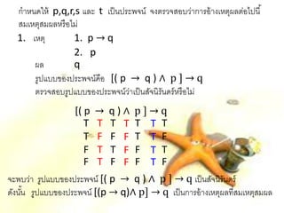 กาหนดให้ p,q,r,sและ t เป็นประพจน์ จงตรวจสอบว่าการอ้างเหตุผลต่อไปนี้ สมเหตุสมผลหรือไม่ 
1.เหตุ1. p→ q 
2. p 
ผลq 
รูปแบบของประพจน์คือ [( p→ q ) ∧ p ] → q 
ตรวจสอบรูปแบบของประพจน์ว่าเป็นสัจนิรันดร์หรือไม่ 
T 
T 
F 
F 
T 
F 
T 
F 
T 
F 
T 
T 
T 
T 
F 
F 
T 
F 
F 
F 
T 
F 
T 
F 
T 
T 
T 
T 
จะพบว่า รูปแบบของประพจน์ [( p→ q ) ∧ p ] → q เป็นสัจนิรันดร์ 
ดังนั้น รูปแบบของประพจน์ [(p→ q)∧ p] → q เป็นการอ้างเหตุผลที่สมเหตุสมผล 
[( p→ q ) ∧ p ] → q  