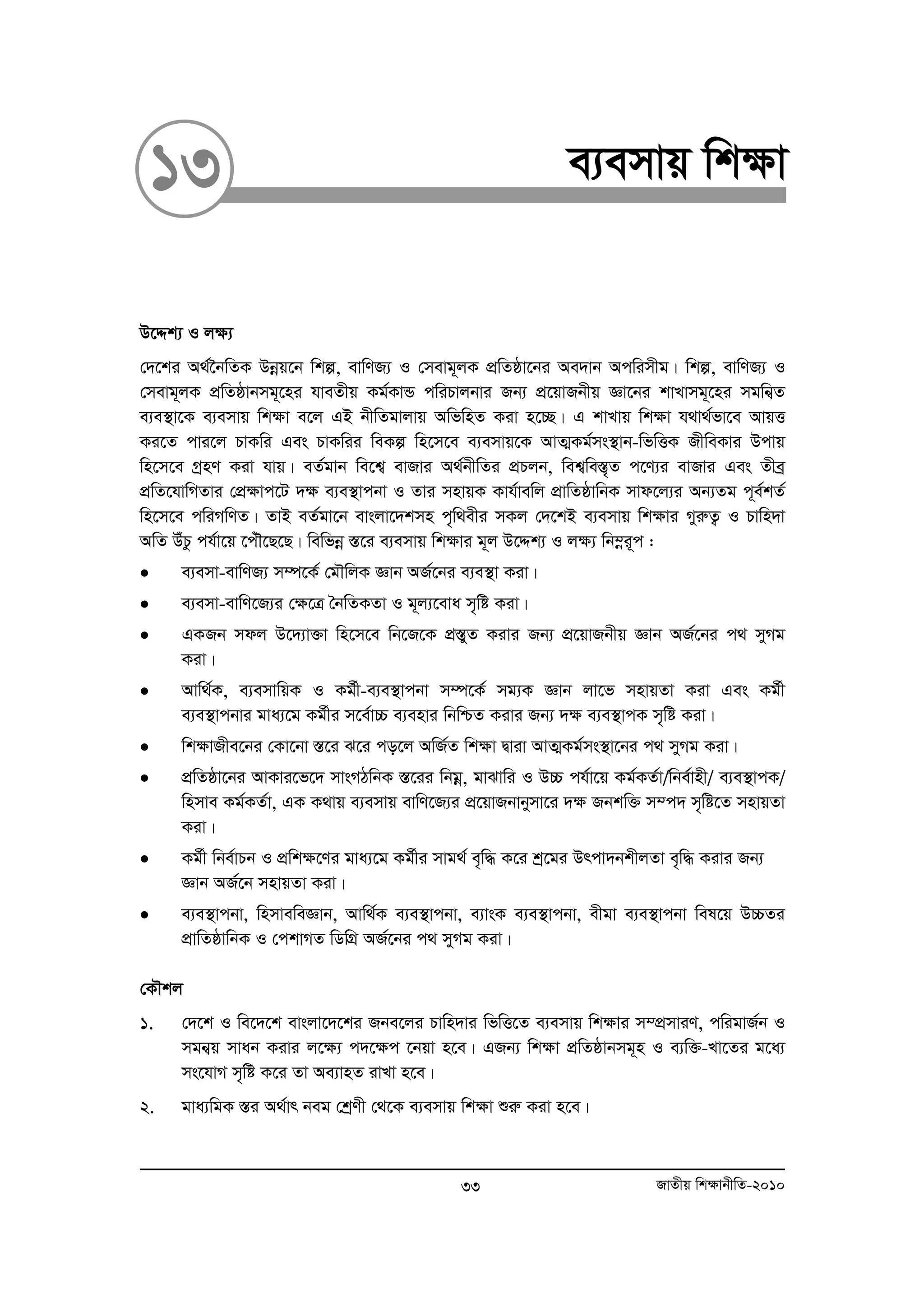 13 e¨emvq wk¶v 
D‡Ïk¨ I j¶¨ 
†`‡ki A_©‰bwZK Dboeq‡b wkí, evwYR¨ I †mevg~jK cÖwZôv‡bi Ae`vb Acwimxg| wkí, evwYR¨ I 
†mevg~jK cÖwZôvbmg~‡ni hveZxq Kg©KvÛ cwiPvjbvi Rb¨ cÖ‡qvRbxq Áv‡bi kvLvmg~‡ni mgwb¦Z 
e¨e¯’v‡K e¨emvq wk¶v e‡j GB bxwZgvjvq AwfwnZ Kiv n‡”Q| G kvLvq wk¶v h_v_©fv‡e AvqË 
Ki‡Z cvi‡j PvKwi Ges PvKwii weKí wn‡m‡e e¨emvq‡K AvZ¥Kg©ms¯’vb-wfwËK RxweKvi Dcvq 
wn‡m‡e MªnY Kiv hvq| eZ©gvb we‡k¦ evRvi A_©bxwZi cÖPjb, wek¦we¯Í„Z c‡Y¨i evRvi Ges Zxeª 
cÖwZ‡hvwMZvi †cÖ¶vc‡U `¶ e¨e¯’vcbv I Zvi mnvqK Kvh©vewj cÖvwZôvwbK mvd‡j¨i Ab¨Zg c~e©kZ© 
wn‡m‡e cwiMwYZ| ZvB eZ©gv‡b evsjv‡`kmn c„w_exi mKj †`‡kB e¨emvq wk¶vi MyiæZ¡ I Pvwn`v 
AwZ DuPz ch©v‡q ‡cuŠ‡Q‡Q| wewfboe ¯Í‡i e¨emvq wk¶vi g~j D‡Ïk¨ I j¶¨ wb¤oei~c : 
• e¨emv-evwYR¨ m¤ú‡K© †gŠwjK Ávb AR©‡bi e¨e¯’v Kiv| 
• e¨emv-evwY‡R¨i †¶‡Î ˆbwZKZv I g~j¨‡eva m„wó Kiv| 
• GKRb mdj D‡`¨v³v wn‡m‡e wb‡R‡K cÖ¯ÍyZ Kivi Rb¨ cÖ‡qvRbxq Ávb AR©‡bi c_ myMg 
Kiv| 
• Avw_©K, e¨emvwqK I Kg©x-e¨e¯’vcbv m¤ú‡K© mg¨K Ávb jv‡f mnvqZv Kiv Ges Kg©x 
e¨e¯’vcbvi gva¨‡g Kg©xi m‡e©v”P e¨envi wbwðZ Kivi Rb¨ `¶ e¨e¯’vcK m„wó Kiv| 
• wk¶vRxe‡bi †Kv‡bv ¯Í‡i S‡i co‡j AwR©Z wkÿv Øviv AvZ¥Kg©ms¯’v‡bi c_ myMg Kiv| 
• cÖwZôv‡bi AvKvi‡f‡` mvsMVwbK ¯Í‡ii wbgoe, gvSvwi I D”P ch©v‡q Kg©KZ©v/wbe©vnx/ e¨e¯’vcK/ 
wnmve Kg©KZ©v, GK K_vq e¨emvq evwY‡R¨i cÖ‡qvRbvbymv‡i `¶ Rbkw³ m¤c` m„wó‡Z mnvqZv 
Kiv| 
• Kg©x wbe©vPb I cÖwk¶‡Yi gva¨‡g Kg©xi mvg_© e„w× K‡i kª‡gi Drcv`bkxjZv e„w× Kivi Rb¨ 
Ávb AR©‡b mnvqZv Kiv| 
• e¨e¯’vcbv, wnmveweÁvb, Avw_©K e¨e¯’vcbv, e¨vsK e¨e¯’vcbv, exgv e¨e¯’vcbv wel‡q D”PZi 
cÖvwZôvwbK I †ckvMZ wWwMÖ AR©‡bi c_ myMg Kiv| 
†KŠkj 
1. †`‡k I we‡`‡k evsjv‡`‡ki Rbe‡ji Pvwn`vi wfwË‡Z e¨emvq wk¶vi m¤cÖmviY, cwigvR©b I 
mgb¦q mvab Kivi j‡¶¨ c`‡¶c ‡bqv n‡e| GRb¨ wk¶v cÖwZôvbmg~n I e¨w³-Lv‡Zi g‡a¨ 
ms‡hvM m„wó K‡i Zv Ae¨vnZ ivLv n‡e| 
2. gva¨wgK ¯Íi A_©vr beg †kªYx †_‡K e¨emvq wk¶v ïiæ Kiv n‡e| 
33 RvZxq wk¶vbxwZ-2010 
 