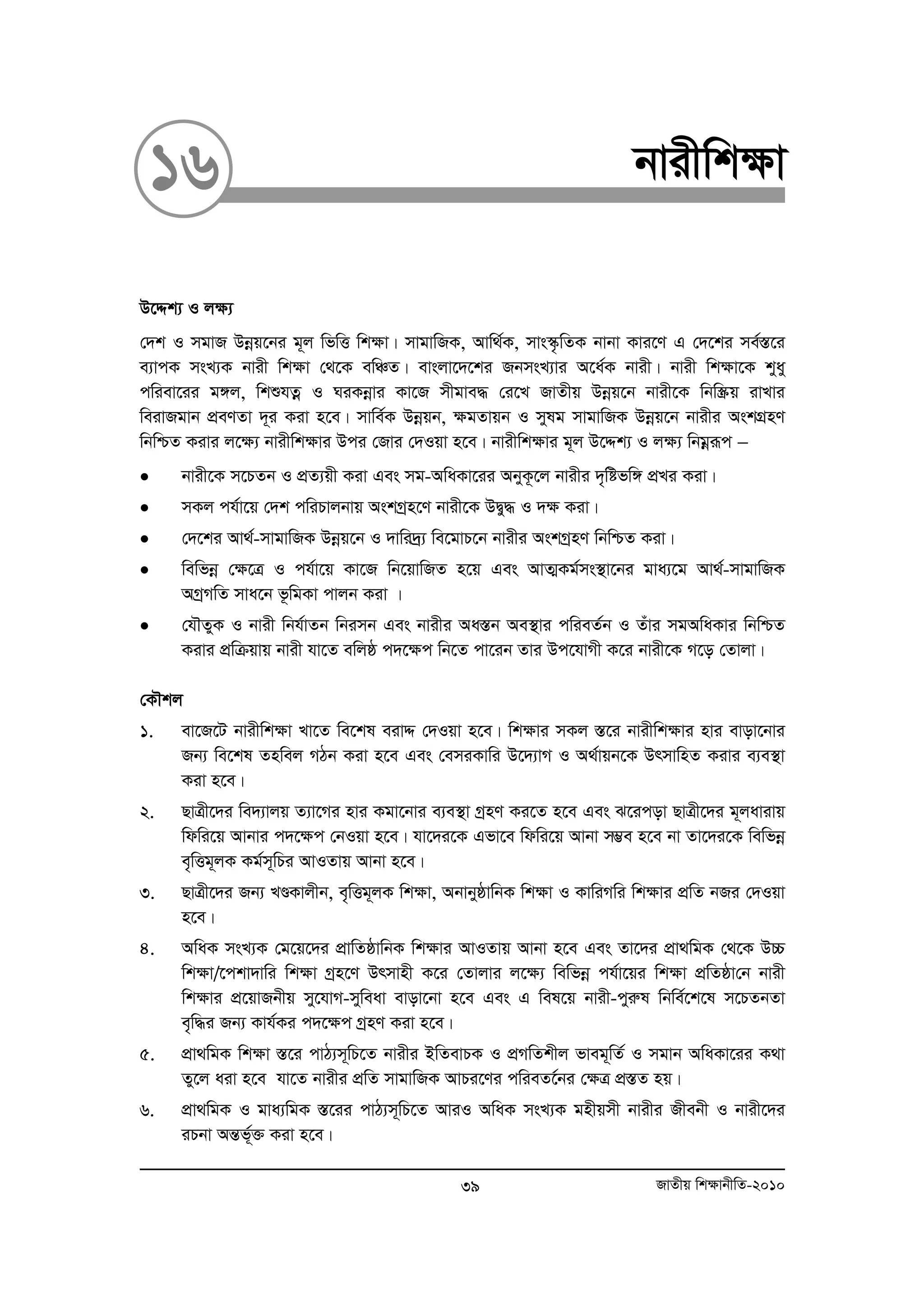 16 bvixwk¶v 
D‡Ïk¨ I j¶¨ 
†`k I mgvR Dboeq‡bi g~j wfwË wk¶v| mvgvwRK, Avw_©K, mvs¯‹…wZK bvbv Kvi‡Y G †`‡ki me©¯Í‡i 
e¨vcK msL¨K bvix wk¶v †_‡K ewÂZ| evsjv‡`‡ki RbmsL¨vi A‡a©K bvix| bvix wk¶v‡K kyay 
cwiev‡ii g½j, wkïhZoe I NiKboevi Kv‡R mxgve× †i‡L RvZxq Dboeq‡b bvix‡K wbw¯OEq ivLvi 
weivRgvb cÖeYZv `~i Kiv n‡e| mvwe©K Dboeqb, ¶gZvqb I mylg mvgvwRK Dboeq‡b bvixi AskMÖnY 
wbwðZ Kivi j‡¶¨ bvixwk¶vi Dci †Rvi †`Iqv n‡e| bvixwk¶vi g~j D‡Ïk¨ I j¶¨ wbgoeiƒc − 
• bvix‡K m‡PZb I cÖZ¨qx Kiv Ges mg-AwaKv‡ii AbyK‚‡j bvixi `„wófw½ cÖLi Kiv| 
• mKj ch©v‡q †`k cwiPvjbvq AskMªn‡Y bvix‡K DØy× I `¶ Kiv| 
• †`‡ki Av_©-mvgvwRK Dboeq‡b I `vwi`ª¨ we‡gvP‡b bvixi AskMªnY wbwðZ Kiv| 
• wewfboe †¶‡Î I ch©v‡q Kv‡R wb‡qvwRZ n‡q Ges AvZ¥Kg©ms¯’v‡bi gva¨‡g Av_©-mvgvwRK 
AMªMwZ mva‡b f‚wgKv cvjb Kiv | 
• †hŠZyK I bvix wbh©vZb wbimb Ges bvixi Aa¯Íb Ae¯’vi cwieZ©b I Zuvi mgAwaKvi wbwðZ 
Kivi cÖwμqvq bvix hv‡Z ewjô c`‡¶c wb‡Z cv‡ib Zvi Dc‡hvMx K‡i bvix‡K M‡o †Zvjv| 
†KŠkj 
1. ev‡R‡U bvixwk¶v Lv‡Z we‡kl eivÏ †`Iqv n‡e| wk¶vi mKj ¯Í‡i bvixwk¶vi nvi evov‡bvi 
Rb¨ we‡kl Znwej MVb Kiv n‡e Ges †emiKvwi D‡`¨vM I A_©vqb‡K DrmvwnZ Kivi e¨e¯’v 
Kiv n‡e| 
2. QvÎx‡`i we`¨vjq Z¨v‡Mi nvi Kgv‡bvi e¨e¯’v MªnY Ki‡Z n‡e Ges S‡icov QvÎx‡`i g~javivq 
wdwi‡q Avbvi c`‡¶c †bIqv n‡e| hv‡`i‡K Gfv‡e wdwi‡q Avbv m¤¢e n‡e bv Zv‡`i‡K wewfboe 
e„wËg~jK Kg©m~wPi AvIZvq Avbv n‡e| 
3. QvÎx‡`i Rb¨ LÐKvjxb, e„wËg~jK wk¶v, AbvbyôvwbK wk¶v I KvwiMwi wk¶vi cÖwZ bRi †`Iqv 
n‡e| 
4. AwaK msL¨K †g‡q‡`i cÖvwZôvwbK wk¶vi AvIZvq Avbv n‡e Ges Zv‡`i cÖv_wgK †_‡K D”P 
wk¶v/‡ckv`vwi wk¶v Mªn‡Y Drmvnx K‡i †Zvjvi j‡¶¨ wewfboe ch©v‡qi wk¶v cÖwZôv†b bvix 
wk¶vi cÖ‡qvRbxq my‡hvM-myweav evov‡bv n‡e Ges G wel‡q bvix-cyiæl wbwe©‡k‡l m‡PZbZv 
e„w×i Rb¨ Kvh©Ki c`‡¶c MªnY Kiv n‡e| 
5. cÖv_wgK wk¶v ¯Í‡i cvV¨m~wP‡Z bvixi BwZevPK I cÖMwZkxj fveg~wZ© I mgvb AwaKv‡ii K_v 
Zy‡j aiv n‡e hv‡Z bvixi cÖwZ mvgvwRK AvPi‡Yi cwieZ‡©bi †ÿÎ cÖ¯ÍZ nq| 
6. cÖv_wgK I gva¨wgK ¯Í‡ii cvV¨m~wP‡Z AviI AwaK msL¨K gnxqmx bvixi Rxebx I bvix‡`i 
iPbv AšÍf~©³ Kiv n‡e| 
39 RvZxq wk¶vbxwZ-2010 
 