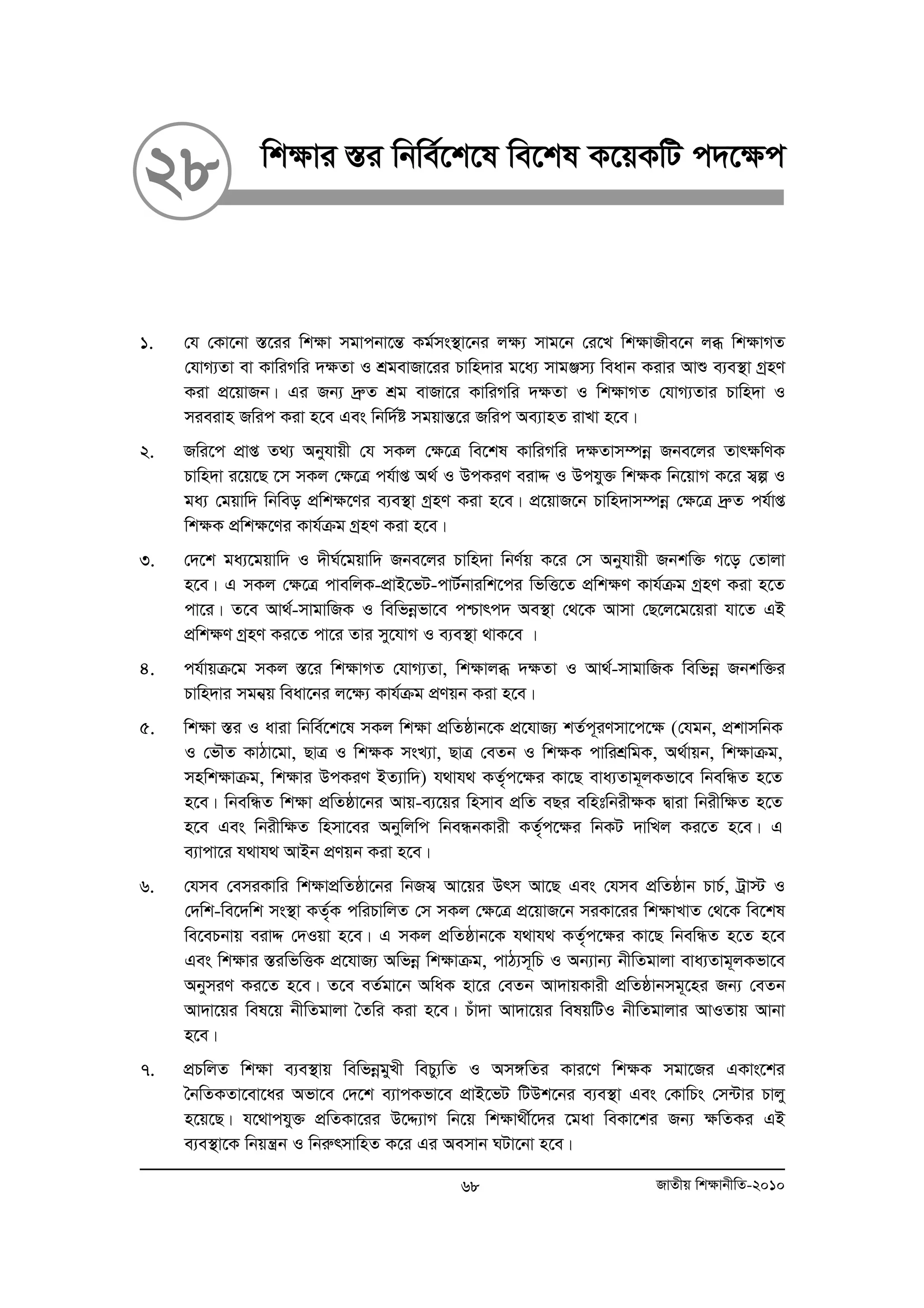 28 wk¶vi ¯Íi wbwe©‡k‡l we‡kl K‡qKwU c`‡¶c 
1. †h †Kv‡bv ¯Í‡ii wk¶v mgvcbv‡šÍ Kg©ms¯’v‡bi j¶¨ mvg‡b †i‡L wk¶vRxe‡b jä wk¶vMZ 
†hvM¨Zv ev KvwiMwi `¶Zv I kÖgevRv‡ii Pvwn`vi g‡a¨ mvgÄm¨ weavb Kivi Avï e¨e¯’v MªnY 
Kiv cÖ‡qvRb| Gi Rb¨ `ªæZ kÖg evRv‡i KvwiMwi `¶Zv I wk¶vMZ †hvM¨Zvi Pvwn`v I 
mieivn Rwic Kiv n‡e Ges wbw`©ó mgqvšÍ‡i Rwic Ae¨vnZ ivLv n‡e| 
2. Rwi‡c cÖvß Z_¨ Abyhvqx †h mKj †¶‡Î we‡kl KvwiMwi `¶Zvm¤úboe Rbe‡ji Zvr¶wYK 
Pvwn`v i‡q‡Q ‡m mKj †¶‡Î ch©vß A_© I DcKiY eivÏ I Dchy³ wk¶K wb‡qvM K‡i m¦í I 
ga¨ †gqvw` wbweo cÖwk¶‡Yi e¨e¯’v MªnY Kiv n‡e| cÖ‡qvR‡b Pvwn`vm¤úboe †¶‡Î `ªæZ ch©vß 
wk¶K cÖwk¶‡Yi Kvh©μg MªnY Kiv n‡e| 
3. †`‡k ga¨‡gqvw` I `xN©‡gqvw` Rbe‡ji Pvwn`v wbY©q K‡i †m Abyhvqx Rbkw³ M‡o †Zvjv 
n‡e| G mKj †¶‡Î cvewjK-cÖvB‡fU-cvU©bviwk‡ci wfwË‡Z cÖwkÿY Kvh©μg MªnY Kiv n‡Z 
cv‡i| Z‡e Av_©-mvgvwRK I wewfboefv‡e cðvrc` Ae¯’v †_‡K Avmv †Q‡j‡g‡qiv hv‡Z GB 
cÖwk¶Y MªnY Ki‡Z cv‡i Zvi my‡hvM I e¨e¯’v _vK‡e | 
4. ch©vqμ‡g mKj ¯Í‡i wk¶vMZ †hvM¨Zv, wk¶vjä `¶Zv I Av_©-mvgvwRK wewfboe Rbkw³i 
Pvwn`vi mgb¦q weav‡bi j‡¶¨ Kvh©μg cÖYqb Kiv n‡e| 
5. wkÿv ¯Íi I aviv wbwe©‡k‡l mKj wk¶v cÖwZôvb‡K cÖ‡hvR¨ kZ©c~iYmv‡c‡¶ (†hgb, cÖkvmwbK 
I †fŠZ KvVv‡gv, QvÎ I wk¶K msL¨v, QvÎ †eZb I wk¶K cvwikÖwgK, A_©vqb, wkÿvμg, 
mnwkÿvμg, wk¶vi DcKiY BZ¨vw`) h_vh_ KZ„©c‡¶i Kv‡Q eva¨Zvg~jKfv‡e wbewÜZ n‡Z 
n‡e| wbewÜZ wk¶v cÖwZôv‡bi Avq-e¨‡qi wnmve cÖwZ eQi ewntwbix¶K Øviv wbixw¶Z n‡Z 
n‡e Ges wbixw¶Z wnmv‡ei Abywjwc wbeÜbKvix KZ„©c‡¶i wbKU `vwLj Ki‡Z n‡e| G 
e¨vcv‡i h_vh_ AvBb cÖYqb Kiv n‡e| 
6. †hme †emiKvwi wk¶vcÖwZôv‡bi wbRm¦ Av‡qi Drm Av‡Q Ges †hme cÖwZôvb PvP©, Uªv÷ I 
†`wk-we‡`wk ms¯’v KZ„©K cwiPvwjZ †m mKj †¶‡Î cÖ‡qvR‡b miKv‡ii wk¶vLvZ †_‡K we‡kl 
we‡ePbvq eivÏ †`Iqv n‡e| G mKj cÖwZôvb‡K h_vh_ KZ„©c‡¶i Kv‡Q wbewÜZ n‡Z n‡e 
Ges wk¶vi ¯ÍiwfwËK cÖ‡hvR¨ Awfboe wk¶vμg, cvV¨m~wP I Ab¨vb¨ bxwZgvjv eva¨Zvg~jKfv‡e 
AbymiY Ki‡Z n‡e| Z‡e eZ©gv‡b AwaK nv‡i †eZb Av`vqKvix cÖwZôvbmg~‡ni Rb¨ †eZb 
Av`v‡qi wel‡q bxwZgvjv ˆZwi Kiv n‡e| Puv`v Av`v‡qi welqwUI bxwZgvjvi AvIZvq Avbv 
n‡e| 
7. cÖPwjZ wk¶v e¨e¯’vq wewfboegyLx wePy¨wZ I Am½wZi Kvi‡Y wk¶K mgv‡Ri GKvs‡ki 
ˆbwZKZv‡ev‡ai Afv‡e †`‡k e¨vcKfv‡e cÖvB‡fU wUDk‡bi e¨e¯’v Ges †KvwPs †m›Uvi Pvjy 
n‡q‡Q| h‡_vchy³ cÖwZKv‡ii D‡Ï¨vM wb‡q wk¶v_x©‡`i ‡gav weKv‡ki Rb¨ ¶wZKi GB 
e¨e¯’v‡K wbqš¿b I wbiærmvwnZ K‡i Gi Aemvb NUv‡bv n‡e| 
68 RvZxq wk¶vbxwZ-2010 
 