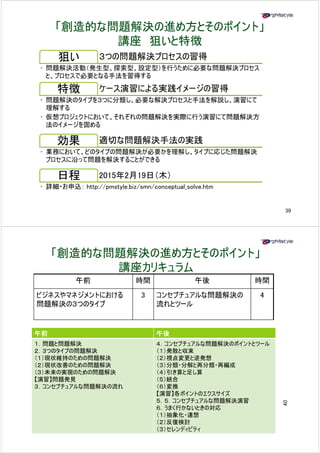 「創造的な問題解決の進め方とそのポイント」 
講座狙いと特徴
狙い３つの問題解決プロセスの習得 
• 問題解決活動（発生型、探索型、設定型）を行うために必要な問題解決プロセス 
と、プロセスで必要となる手法を習得する 
特徴ケース演習による実践イメージの習得
• 問題解決のタイプを３つに分類し、必要な解決プロセスと手法を解説し、演習にて 
理解する 
• 仮想プロジェクトにおいて、それぞれの問題解決を実際に行う演習にて問題解決方 
法のイメージを固める 
効果適切な問題解決手法の実践
• 業務において、どのタイプの問題解決が必要かを理解し、タイプに応じた問題解決 
プロセスに沿って問題を解決することができる 
日程2015年2月19日（木） 
• 詳細・お申込：： hhttttpp::////ppmmssttyyllee..bbiizz//ssmmnn//ccoonncceeppttuuaall_ssoollvvee..hhttmm 
39 
「創造的な問題解決の進め方とそのポイント」 
講座カリキュラム 
午前時間午後時間 
ビジネスやマネジメントにおける 
問題解決の３つのタイプ 
3 コンセプチュアルな問題解決の 
流れとツール 
4 
午前午後 
１．問題と問題解決 
２．３つのタイプの問題解決 
（１）現状維持のための問題解決 
（２）現状改善のための問題解決 
４．コンセプチュアルな問題解決のポイントとツール 
（１）発散と収束 
（２）視点変更と逆発想 
（３）分類・分解と再分類・再編成 
（３）未来の実現のための問題解決 
【演習】問題発見 
３．コンセプチュアルな問題解決の流れ 
（４）引き算と足し算 
（５）統合 
（６）変換 
【演習】各ポイントのエクスサイズ 
５．５．コンセプチュアルな問題解決演習 
６．うまく行かないときの対応 
（１）抽象化・連想 
40 
（２）反復検討 
（３）セレンディピティ 
 