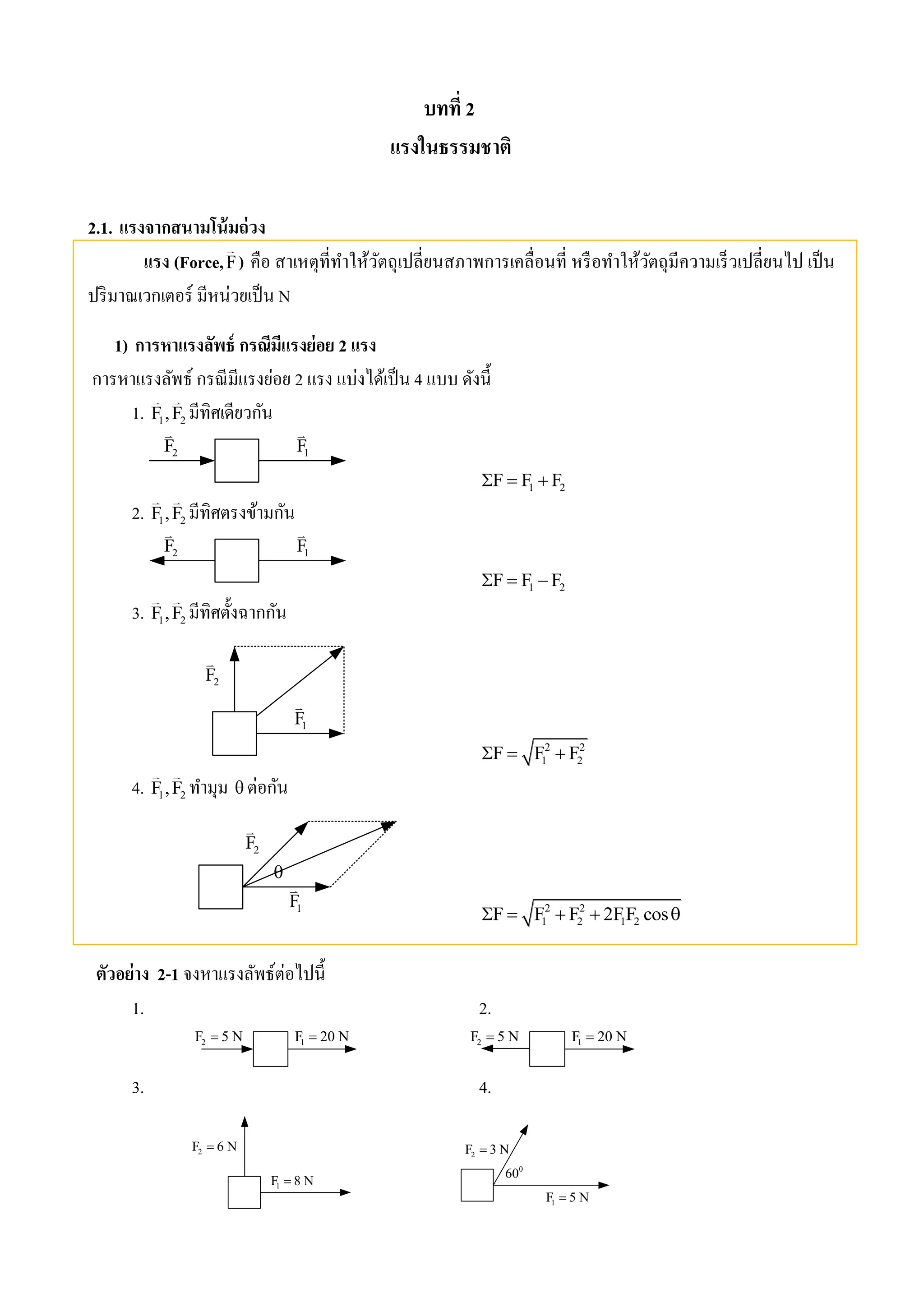 บทที่ 2 
แรงในธรรมชาติ 
2.1. แรงจากสนามโน้มถ่วง 
แรง (Force, F ) คือ สาเหตุที่ทา ให้วัตถุเปลี่ยนสภาพการเคลื่อนที่ หรือทา ให้วัตถุมีความเร็วเปลี่ยนไป เป็น 
ปริมาณเวกเตอร์ มีหน่วยเป็น N 
1) การหาแรงลัพธ์ กรณีมีแรงย่อย 2 แรง 
การหาแรงลัพธ์ กรณีมีแรงย่อย 2 แรง แบ่งได้เป็น 4 แบบ ดังนี้ 
1. 1 2 F ,F มีทิศเดียวกัน 
1 F 2 F 
1 2 F  F  F 
2. 1 2 F ,F มีทิศตรงข้ามกัน 
1 F 2 F 
1 2 F  F  F 
3. 1 2 F ,F มีทิศตั้งฉากกัน 
1 F 
2 F 
2 2 
1 2 F  F  F 
4. 1 2 F ,F ทา มุม  ต่อกัน 
1 F 
2 F 
 
2 2 
1 2 1 2 F  F  F  2FF cos 
ตัวอย่าง 2-1 จงหาแรงลัพธ์ต่อไปนี้ 
1. 2. 
1 F  20 N 2 F  5 N 
1 F  20 N 2 F  5 N 
3. 4. 
1 F  8 N 
2 F  6 N 
1 F  5 N 
2 F  3 N 
0 60 
 