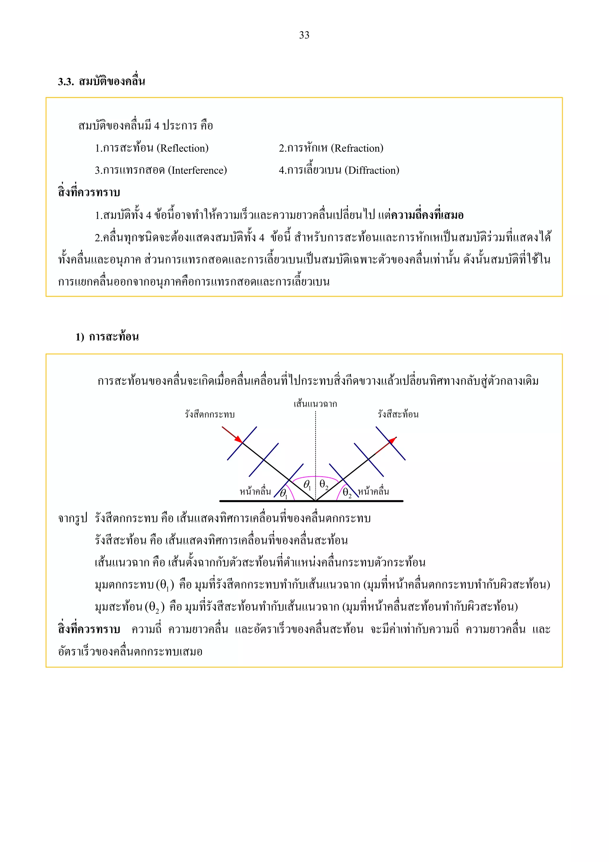 33 
3.3. สมบัติของคลื่น 
สมบัติของคลื่นมี 4 ประการ คือ 
1.การสะท้อน (Reflection) 2.การหักเห (Refraction) 
3.การแทรกสอด (Interference) 4.การเลี้ยวเบน (Diffraction) 
สิ่งที่ควรทราบ 
1.สมบัติทั้ง 4 ข้อนี้อาจทา ให้ความเร็วและความยาวคลื่นเปลี่ยนไป แต่ความถี่คงทเี่สมอ 
2.คลื่นทุกชนิดจะต้องแสดงสมบัติทั้ง 4 ข้อนี้ สาหรับการสะท้อนและการหักเหเป็นสมบัติร่วมที่แสดงได้ 
ทั้งคลื่นและอนุภาค ส่วนการแทรกสอดและการเลี้ยวเบนเป็นสมบัติเฉพาะตัวของคลื่นเท่านั้น ดังนั้นสมบัติที่ใช้ใน 
การแยกคลื่นออกจากอนุภาคคือการแทรกสอดและการเลี้ยวเบน 
1) การสะท้อน 
การสะท้อนของคลื่นจะเกิดเมื่อคลื่นเคลื่อนที่ไปกระทบสิ่งกีดขวางแล้วเปลี่ยนทิศทางกลับสู่ตัวกลางเดิม 
1  1  
2  
2  
จากรูป รังสีตกกระทบ คือ เส้นแสดงทิศการเคลื่อนที่ของคลื่นตกกระทบ 
รังสีสะท้อน คือ เส้นแสดงทิศการเคลื่อนที่ของคลื่นสะท้อน 
เส้นแนวฉาก คือ เส้นตั้งฉากกับตัวสะท้อนที่ตา แหน่งคลื่นกระทบตัวกระท้อน 
มุมตกกระทบ 1 ( ) คือ มุมที่รังสีตกกระทบทา กับเส้นแนวฉาก (มุมที่หน้าคลื่นตกกระทบทา กับผิวสะท้อน) 
มุมสะท้อน 2 ( ) คือ มุมที่รังสีสะท้อนทา กับเส้นแนวฉาก (มุมที่หน้าคลื่นสะท้อนทา กับผิวสะท้อน) 
สิ่งทคี่วรทราบ ความถี่ ความยาวคลื่น และอัตราเร็วของคลื่นสะท้อน จะมีค่าเท่ากับความถี่ ความยาวคลื่น และ 
อัตราเร็วของคลื่นตกกระทบเสมอ 
 