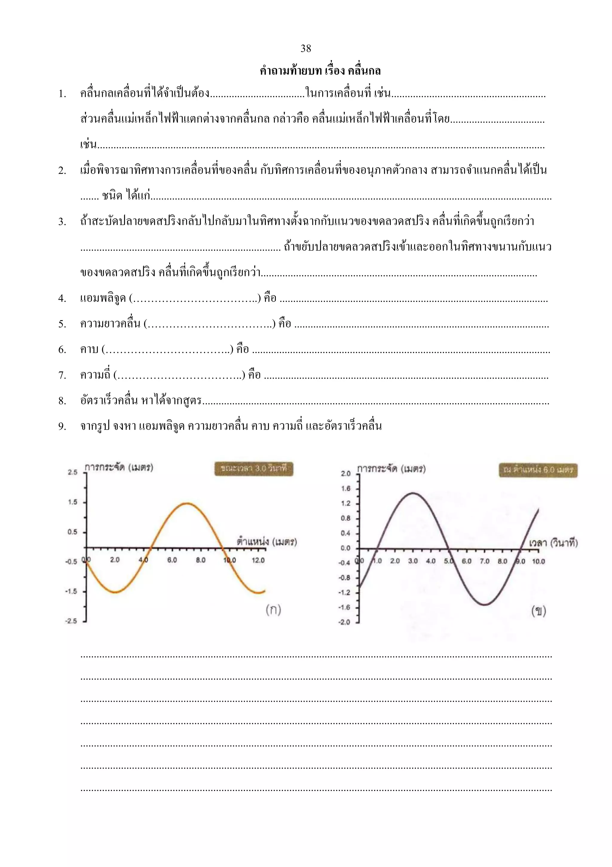 38 
คาถามท้ายบท เรื่อง คลื่นกล 
1. คลื่นกลเคลื่อนที่ได้จา เป็นต้อง...................................ในการเคลื่อนที่ เช่น......................................................... 
ส่วนคลื่นแม่เหล็กไฟฟ้าแตกต่างจากคลื่นกล กล่าวคือ คลื่นแม่เหล็กไฟฟ้าเคลื่อนที่โดย................................... 
เช่น..................................................................................................................................................................... 
2. เมื่อพิจารณาทิศทางการเคลื่อนที่ของคลื่น กับทิศการเคลื่อนที่ของอนุภาคตัวกลาง สามารถจา แนกคลื่นได้เป็น 
....... ชนิด ได้แก่.................................................................................................................................................... 
3. ถ้าสะบัดปลายขดสปริงกลับไปกลับมาในทิศทางตั้งฉากกับแนวของขดลวดสปริง คลื่นที่เกิดขึ้นถูกเรียกว่า 
.......................................................................... ถ้าขยับปลายขดลวดสปริงเข้าและออกในทิศทางขนานกับแนว 
ของขดลวดสปริง คลื่นที่เกิดขึ้นถูกเรียกว่า...................................................................................................... 
4. แอมพลิจูด (……………………………..) คือ ................................................................................................... 
5. ความยาวคลื่น (……………………………..) คือ .............................................................................................. 
6. คาบ (……………………………..) คือ .............................................................................................................. 
7. ความถี่ (……………………………..) คือ ......................................................................................................... 
8. อัตราเร็วคลื่น หาได้จากสูตร................................................................................................................................ 
9. จากรูป จงหา แอมพลิจูด ความยาวคลื่น คาบ ความถี่ และอัตราเร็วคลื่น 
.............................................................................................................................................................................. 
.............................................................................................................................................................................. 
.............................................................................................................................................................................. 
.............................................................................................................................................................................. 
.............................................................................................................................................................................. 
.............................................................................................................................................................................. 
.............................................................................................................................................................................. 
 