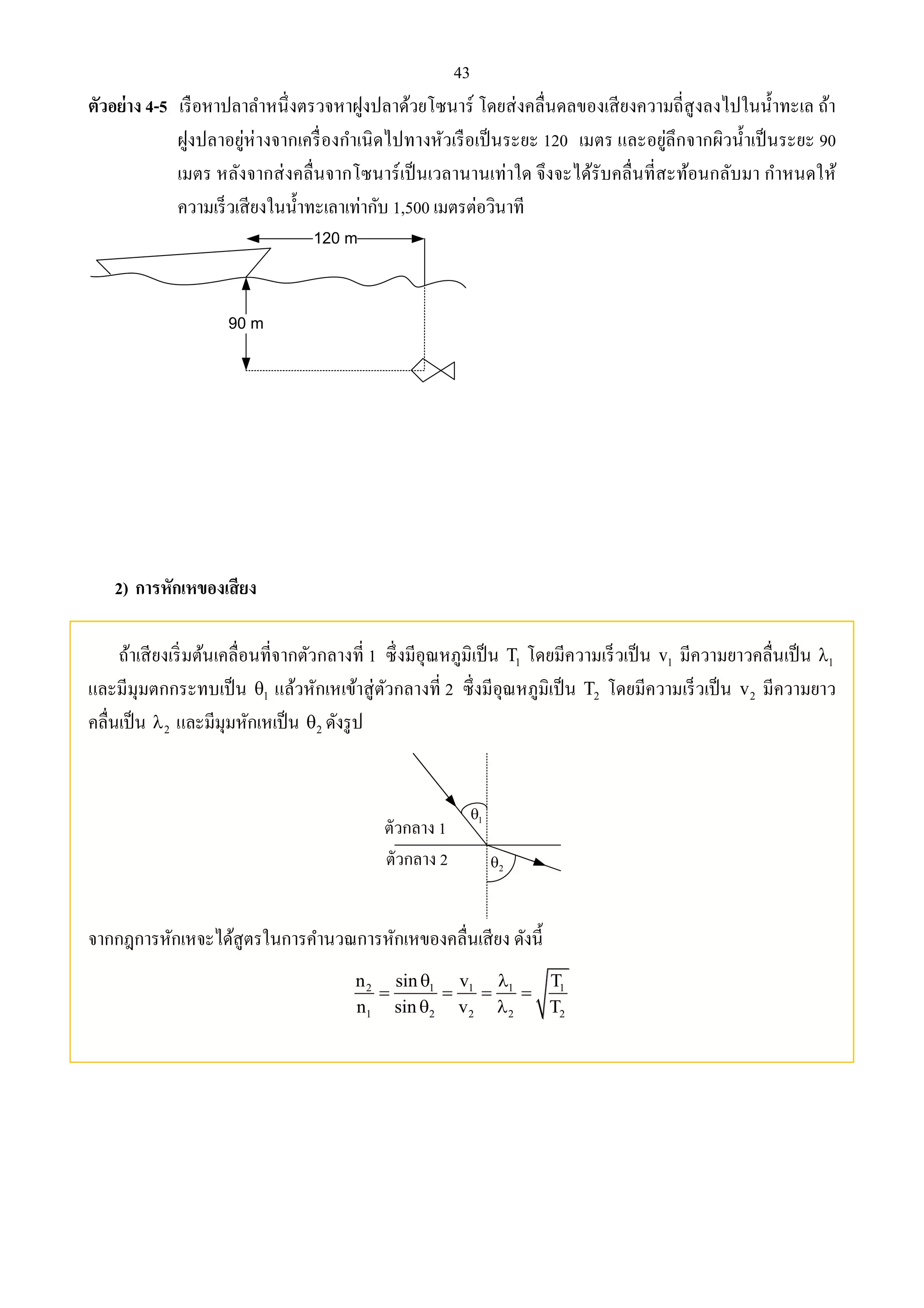43 
ตัวอย่าง 4-5 เรือหาปลาลา หนึ่งตรวจหาฝูงปลาด้วยโซนาร์ โดยส่งคลื่นดลของเสียงความถี่สูงลงไปในน้า ทะเล ถ้า 
ฝูงปลาอยู่ห่างจากเครื่องกา เนิดไปทางหัวเรือเป็นระยะ 120 เมตร และอยู่ลึกจากผิวน้า เป็นระยะ 90 
เมตร หลังจากส่งคลื่นจากโซนาร์เป็นเวลานานเท่าใด จึงจะได้รับคลื่นที่สะท้อนกลับมา กาหนดให้ 
ความเร็วเสียงในน้า ทะเลาเท่ากับ 1,500 เมตรต่อวินาที 
90 m 
120 m 
2) การหักเหของเสียง 
ถ้าเสียงเริ่มต้นเคลื่อนที่จากตัวกลางที่ 1 ซึ่งมีอุณหภูมิเป็น 1 T โดยมีความเร็วเป็น 1 v มีความยาวคลื่นเป็น 1  
และมีมุมตกกระทบเป็น 1  แล้วหักเหเข้าสู่ตัวกลางที่ 2 ซึ่งมีอุณหภูมิเป็น 2 T โดยมีความเร็วเป็น 2 v มีความยาว 
คลื่นเป็น 2  และมีมุมหักเหเป็น 2  ดังรูป 
1 
2 
1  
2  
จากกฎการหักเหจะได้สูตรในการคา นวณการหักเหของคลื่นเสียง ดังนี้ 
n sin  v  
T 
n sin v T 
2 1 1 1 1 
    
  
1 2 2 2 2 
 