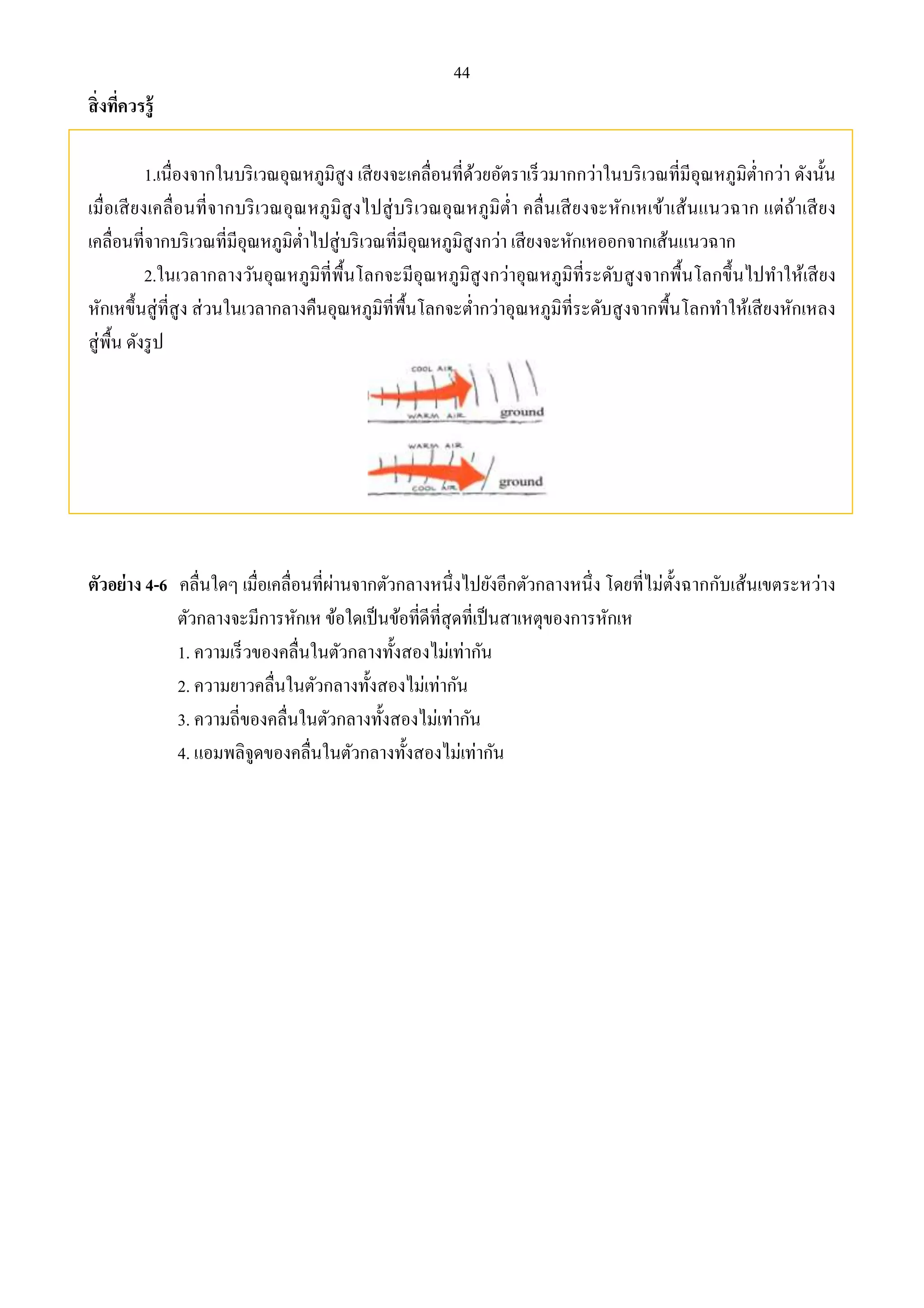44 
สิ่งที่ควรรู้ 
1.เนื่องจากในบริเวณอุณหภูมิสูง เสียงจะเคลื่อนที่ด้วยอัตราเร็วมากกว่าในบริเวณที่มีอุณหภูมิต่า กว่า ดังนั้น 
เมื่อเสียงเคลื่อนที่จากบริเวณอุณหภูมิสูงไปสู่บริเวณอุณหภูมิต่า คลื่นเสียงจะหักเหเข้าเส้นแนวฉาก แต่ถ้าเสียง 
เคลื่อนที่จากบริเวณที่มีอุณหภูมิต่า ไปสู่บริเวณที่มีอุณหภูมิสูงกว่า เสียงจะหักเหออกจากเส้นแนวฉาก 
2.ในเวลากลางวันอุณหภูมิที่พื้นโลกจะมีอุณหภูมิสูงกว่าอุณหภูมิที่ระดับสูงจากพื้นโลกขึ้นไปทา ให้เสียง 
หักเหขึ้นสู่ที่สูง ส่วนในเวลากลางคืนอุณหภูมิที่พื้นโลกจะต่า กว่าอุณหภูมิที่ระดับสูงจากพื้นโลกทา ให้เสียงหักเหลง 
สู่พื้น ดังรูป 
ตัวอย่าง 4-6 คลื่นใดๆ เมื่อเคลื่อนที่ผ่านจากตัวกลางหนึ่งไปยังอีกตัวกลางหนึ่ง โดยที่ไม่ตั้งฉากกับเส้นเขตระหว่าง 
ตัวกลางจะมีการหักเห ข้อใดเป็นข้อที่ดีที่สุดที่เป็นสาเหตุของการหักเห 
1. ความเร็วของคลื่นในตัวกลางทั้งสองไม่เท่ากัน 
2. ความยาวคลื่นในตัวกลางทั้งสองไม่เท่ากัน 
3. ความถี่ของคลื่นในตัวกลางทั้งสองไม่เท่ากัน 
4. แอมพลิจูดของคลื่นในตัวกลางทั้งสองไม่เท่ากัน 
 