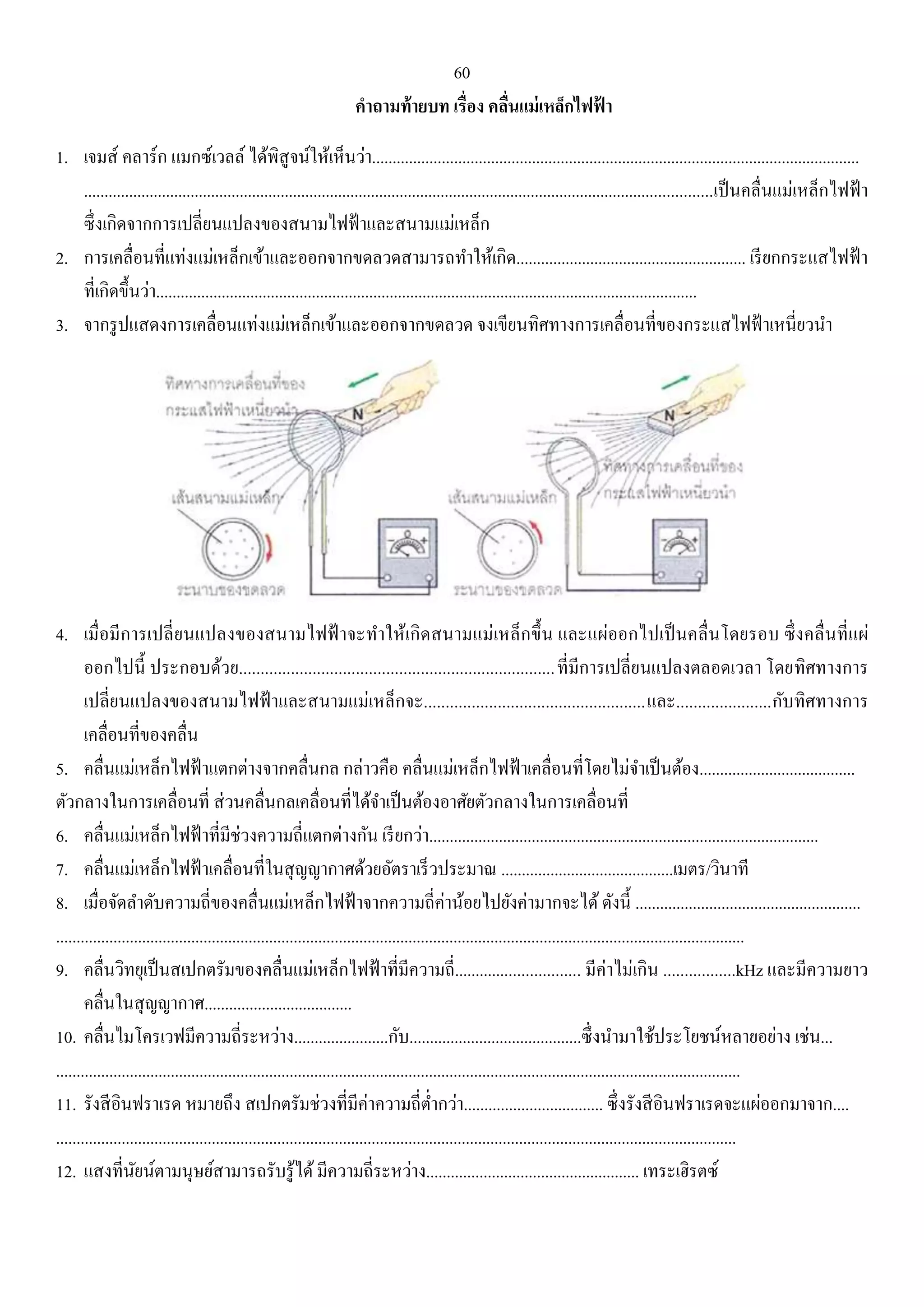 60 
คาถามท้ายบท เรื่อง คลื่นแม่เหล็กไฟฟ้า 
1. เจมส์ คลาร์ก แมกซ์เวลล์ ได้พิสูจน์ให้เห็นว่า....................................................................................................................... 
.........................................................................................................................................................เป็นคลื่นแม่เหล็กไฟฟ้า 
ซึ่งเกิดจากการเปลี่ยนแปลงของสนามไฟฟ้าและสนามแม่เหล็ก 
2. การเคลื่อนที่แท่งแม่เหล็กเข้าและออกจากขดลวดสามารถทา ให้เกิด........................................................ เรียกกระแสไฟฟ้า 
ที่เกิดขึ้นว่า.................................................................................................................................... 
3. จากรูปแสดงการเคลื่อนแท่งแม่เหล็กเข้าและออกจากขดลวด จงเขียนทิศทางการเคลื่อนที่ของกระแสไฟฟ้าเหนี่ยวนา 
4. เมื่อมีการเปลี่ยนแปลงของสนามไฟฟ้าจะทา ให้เกิดสนามแม่เหล็กขึ้น และแผ่ออกไปเป็นคลื่นโดยรอบ ซึ่งคลื่นที่แผ่ 
ออกไปนี้ ประกอบด้วย.........................................................................ที่มีการเปลี่ยนแปลงตลอดเวลา โดยทิศทางการ 
เปลี่ยนแปลงของสนามไฟฟ้าและสนามแม่เหล็กจะ...................................................และ......................กับทิศทางการ 
เคลื่อนที่ของคลื่น 
5. คลื่นแม่เหล็กไฟฟ้าแตกต่างจากคลื่นกล กล่าวคือ คลื่นแม่เหล็กไฟฟ้าเคลื่อนที่โดยไม่จา เป็นต้อง...................................... 
ตัวกลางในการเคลื่อนที่ ส่วนคลื่นกลเคลื่อนที่ได้จา เป็นต้องอาศัยตัวกลางในการเคลื่อนที่ 
6. คลื่นแม่เหล็กไฟฟ้าที่มีช่วงความถี่แตกต่างกัน เรียกว่า............................................................................................... 
7. คลื่นแม่เหล็กไฟฟ้าเคลื่อนที่ในสุญญากาศด้วยอัตราเร็วประมาณ ..........................................เมตร/วินาที 
8. เมื่อจัดลา ดับความถี่ของคลื่นแม่เหล็กไฟฟ้าจากความถี่ค่าน้อยไปยังค่ามากจะได้ ดังนี้ ....................................................... 
........................................................................................................................................................................ 
9. คลื่นวิทยุเป็นสเปกตรัมของคลื่นแม่เหล็กไฟฟ้าที่มีความถี่.............................. มีค่าไม่เกิน .................kHz และมีความยาว 
คลื่นในสุญญากาศ.................................... 
10. คลื่นไมโครเวฟมีความถี่ระหว่าง.......................กับ..........................................ซึ่งนา มาใช้ประโยชน์หลายอย่าง เช่น... 
....................................................................................................................................................................... 
11. รังสีอินฟราเรด หมายถึง สเปกตรัมช่วงที่มีค่าความถี่ต่า กว่า.................................. ซึ่งรังสีอินฟราเรดจะแผ่ออกมาจาก.... 
...................................................................................................................................................................... 
12. แสงที่นัยน์ตามนุษย์สามารถรับรู้ได้ มีความถี่ระหว่าง.................................................... เทระเฮิรตซ์ 
 