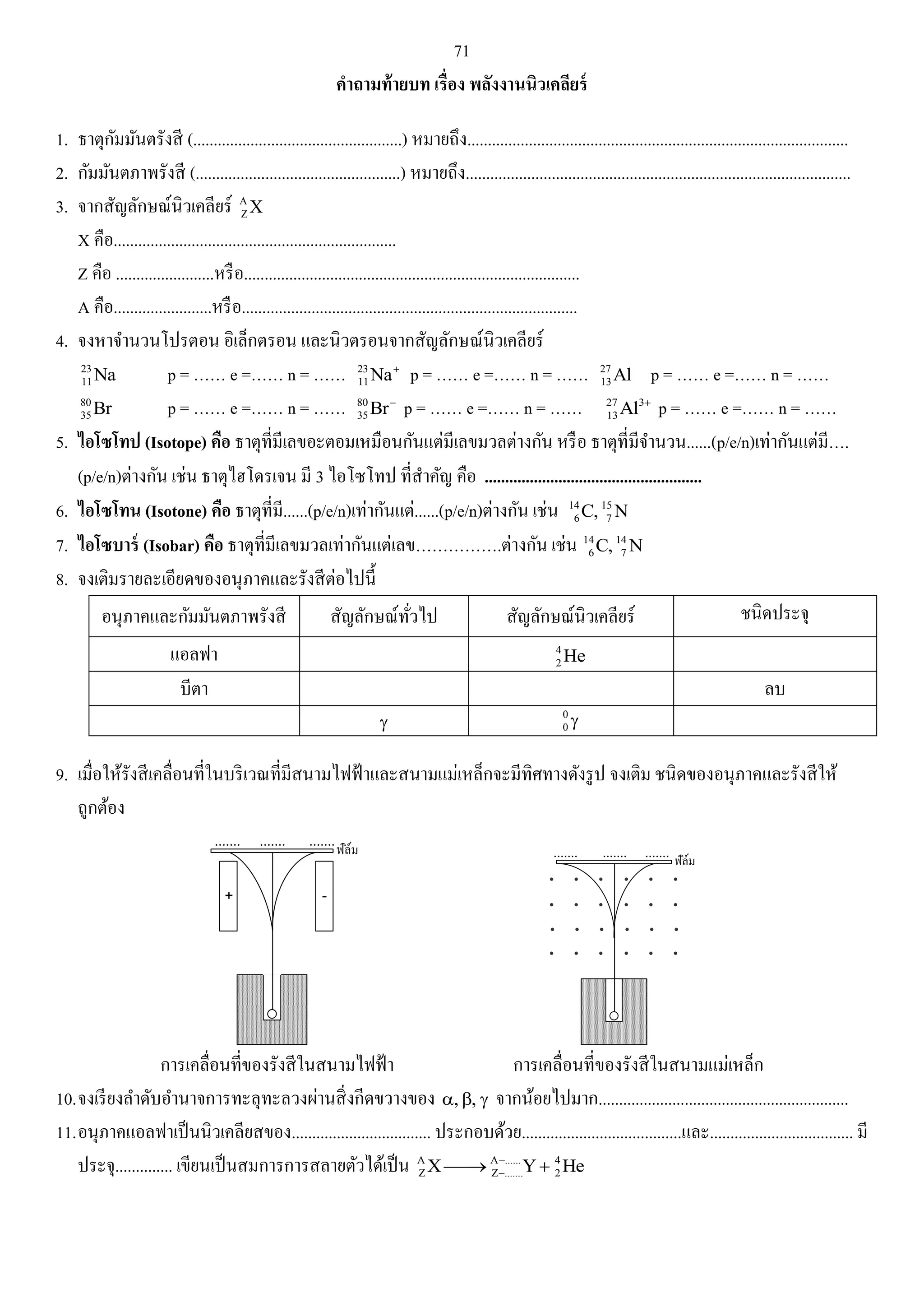 71 
คาถามท้ายบท เรื่อง พลังงานนิวเคลียร์ 
1. ธาตุกัมมันตรังสี (...................................................) หมายถึง............................................................................................. 
2. กัมมันตภาพรังสี (..................................................) หมายถึง.............................................................................................. 
3. จากสัญลักษณ์นิวเคลียร์ A 
ZX 
X คือ..................................................................... 
Z คือ ........................หรือ.................................................................................. 
A คือ........................หรือ.................................................................................. 
4. จงหาจา นวนโปรตอน อิเล็กตรอน และนิวตรอนจากสัญลักษณ์นิวเคลียร์ 
23 
11Na p = …… e =…… n = …… 23 
11Na p = …… e =…… n = …… 27 
13Al p = …… e =…… n = …… 
80 
35Br p = …… e =…… n = …… 80 
35Br p = …… e =…… n = …… 27 3 
13Al  p = …… e =…… n = …… 
5. ไอโซโทป (Isotope) คือ ธาตุที่มีเลขอะตอมเหมือนกันแต่มีเลขมวลต่างกัน หรือ ธาตุที่มีจา นวน......(p/e/n)เท่ากันแต่มี…. 
(p/e/n)ต่างกัน เช่น ธาตุไฮโดรเจน มี 3 ไอโซโทป ที่สา คัญ คือ ..................................................... 
6. ไอโซโทน (Isotone) คือ ธาตุที่มี......(p/e/n)เท่ากันแต่......(p/e/n)ต่างกัน เช่น 14 15 
6 7 C, N 
7. ไอโซบาร์ (Isobar) คือ ธาตุที่มีเลขมวลเท่ากันแต่เลข…………….ต่างกัน เช่น 14 14 
6 7 C, N 
8. จงเติมรายละเอียดของอนุภาคและรังสีต่อไปนี้ 
อนุภาคและกัมมันตภาพรังสี สัญลักษณ์ทั่วไป สัญลักษณ์นิวเคลียร์ ชนิดประจุ 
แอลฟา 4 
2He 
บีตา ลบ 
 0 
0  
9. เมื่อให้รังสีเคลื่อนที่ในบริเวณที่มีสนามไฟฟ้าและสนามแม่เหล็กจะมีทิศทางดังรูป จงเติม ชนิดของอนุภาคและรังสีให้ 
ถูกต้อง 
....... ....... ....... 
+ - 
....... ....... ....... 
การเคลื่อนที่ของรังสีในสนามไฟฟ้า การเคลื่อนที่ของรังสีในสนามแม่เหล็ก 
10. จงเรียงลา ดับอา นาจการทะลุทะลวงผ่านสิ่งกีดขวางของ , ,  จากน้อยไปมาก............................................................. 
11. อนุภาคแอลฟาเป็นนิวเคลียสของ.................................. ประกอบด้วย.......................................และ................................... มี 
ประจุ.............. เขียนเป็นสมการการสลายตัวได้เป็น A A ...... 4 
Z Z ....... 2 X Y He  
   
 