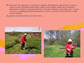 Я почти всё лето провожу у дедушки в деревне. ППоорраажжааююссьь,, ккаакк оонн ммннооггоо ззннааеетт ии 
ууммеееетт ддееллааттьь!! ДДееддуушшккаа ввссттааёётт рраанноо ууттрроомм,, ккооссиитт ттррааввуу,, ннооссиитт ввооддуу,, ввооззииттссяя сс 
ггрряяддккааммии вв ооггооррооддее.. ДДееддуушшккаа ммоойй ббыылл ппллооттнниикк,, ввыыссшшееггоо ппииллооттаажжаа,, ччееггоо ттооллььккоо 
ннее ддееллаалл иизз ддррееввеессиинныы ссввооиимм ввннууччааттаамм,, оотт ккууккоолл ддоо ввссеейй ссооссттааввлляяюющщиихх вв ииггрруу 
ддооччккии--ммааттееррии.. 
ДДееддуушшккаа ууччиитт ммеенняя ввссееммуу,, ччттоо ззннааеетт ссаамм…… 
 