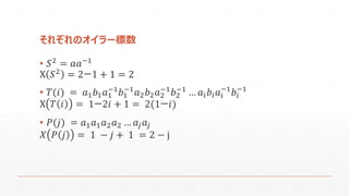 それぞれのオイラー標数 
▪푆2=푎푎−1 
Χ푆2=2ー1+1=2 
▪푇(푖)=푎1푏1푎1−1푏1−1푎2푏2푎2−1푏2−1…푎푖푏푖푎푖 −1푏푖 −1 
Χ푇푖=1ー2푖+1=2(1ー푖) 
▪푃(푗)=푎1푎1푎2푎2…푎푗푎푗 
푋푃푗=1−푗+1=2−j  