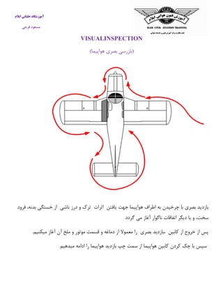 آموزشگاه خلبانی ایلام 
مسعود فرجی 
VISUALINSPECTION 
)بازرسی بصری هواپیما( 
بازدید بصری با چرخیدن به اطراف هواپیما جهت یافتن اثرات ترک و درز ناشی از خستگی بدنه، فرود 
سخت، و یا دیگر اتفاقات ناگوار آغاز می گردد 
پس از خروج از كابین ،بازدید بصری را معمولا از دماغه و قسمت موتور و ملخ آن آغاز میکنیم. 
سپس با چک كردن كابین هواپیما از سمت چپ بازدید هواپیما را ادامه میدهیم 
 