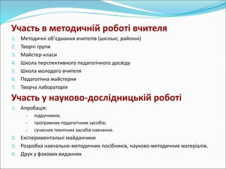 Участь в методичній роботі вчителя 
1. Методичні об’єднання вчителів (шкільні, районні) 
2. Творчі групи 
3. Майстер-класи 
4. Школа перспективного педагогічного досвіду 
5. Школа молодого вчителя 
6. Педагогічна майстерня 
7. Творча лабораторія 
Участь у науково-дослідницькій роботі 
1. Апробація: 
 підручників; 
 програмних педагогічних засобів; 
 сучасних технічних засобів навчання. 
2. Експериментальні майданчики 
3. Розробка навчально-методичних посібників, науково-методичних матеріалів. 
4. Друк у фахових виданнях 
 