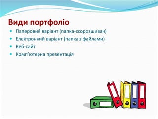 Види портфоліо 
 Паперовий варіант (папка-скорозшивач) 
 Електронний варіант (папка з файлами) 
 Веб-сайт 
 Комп’ютерна презентація 
 