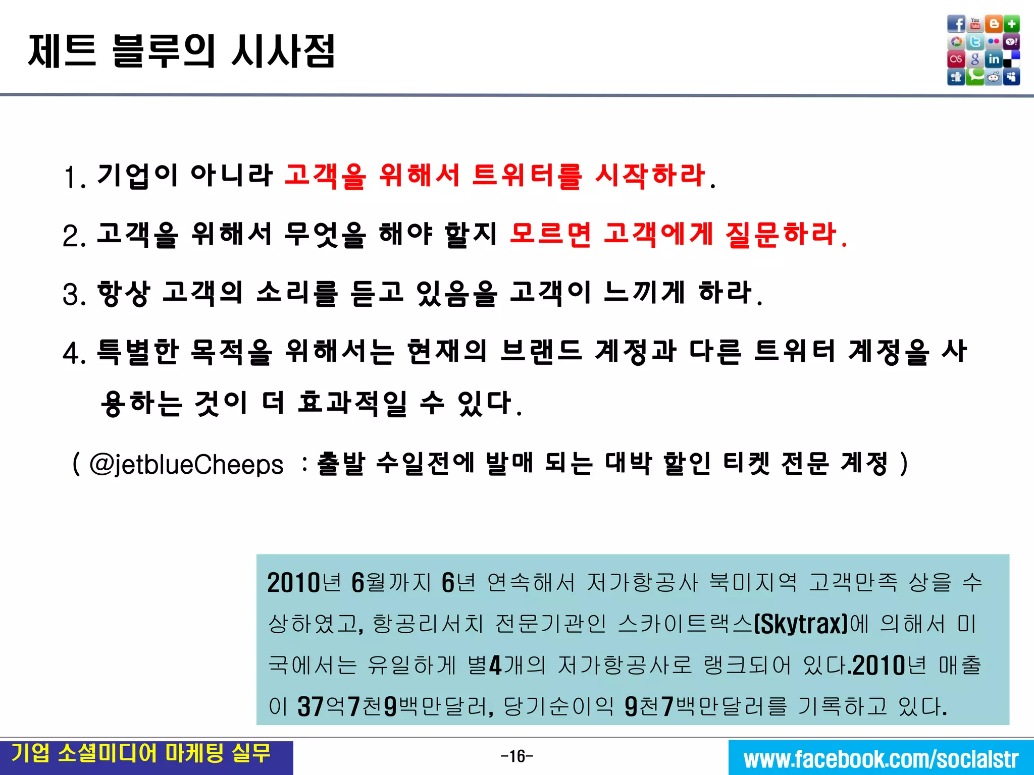 -16- 
기업 소셜미디어 마케팅 실무 
www.facebook.com/socialstr 
제트 블루의 시사점 
1. 기업이 아니라 고객을 위해서 트위터를 시작하라. 
2. 고객을 위해서 무엇을 해야 할지 모르면 고객에게 질문하라. 
3. 항상 고객의 소리를 듣고 있음을 고객이 느끼게 하라. 
4. 특별한 목적을 위해서는 현재의 브랜드 계정과 다른 트위터 계정을 사용하는 것이 더 효과적일 수 있다. 
( @jetblueCheeps : 출발 수일전에 발매 되는 대박 할인 티켓 전문 계정 ) 
2010년 6월까지 6년 연속해서 저가항공사 북미지역 고객만족 상을 수상하였고, 항공리서치 전문기관인 스카이트랙스(Skytrax)에 의해서 미국에서는 유일하게 별4개의 저가항공사로 랭크되어 있다.2010년 매출이 37억7천9백만달러, 당기순이익 9천7백만달러를 기록하고 있다.  