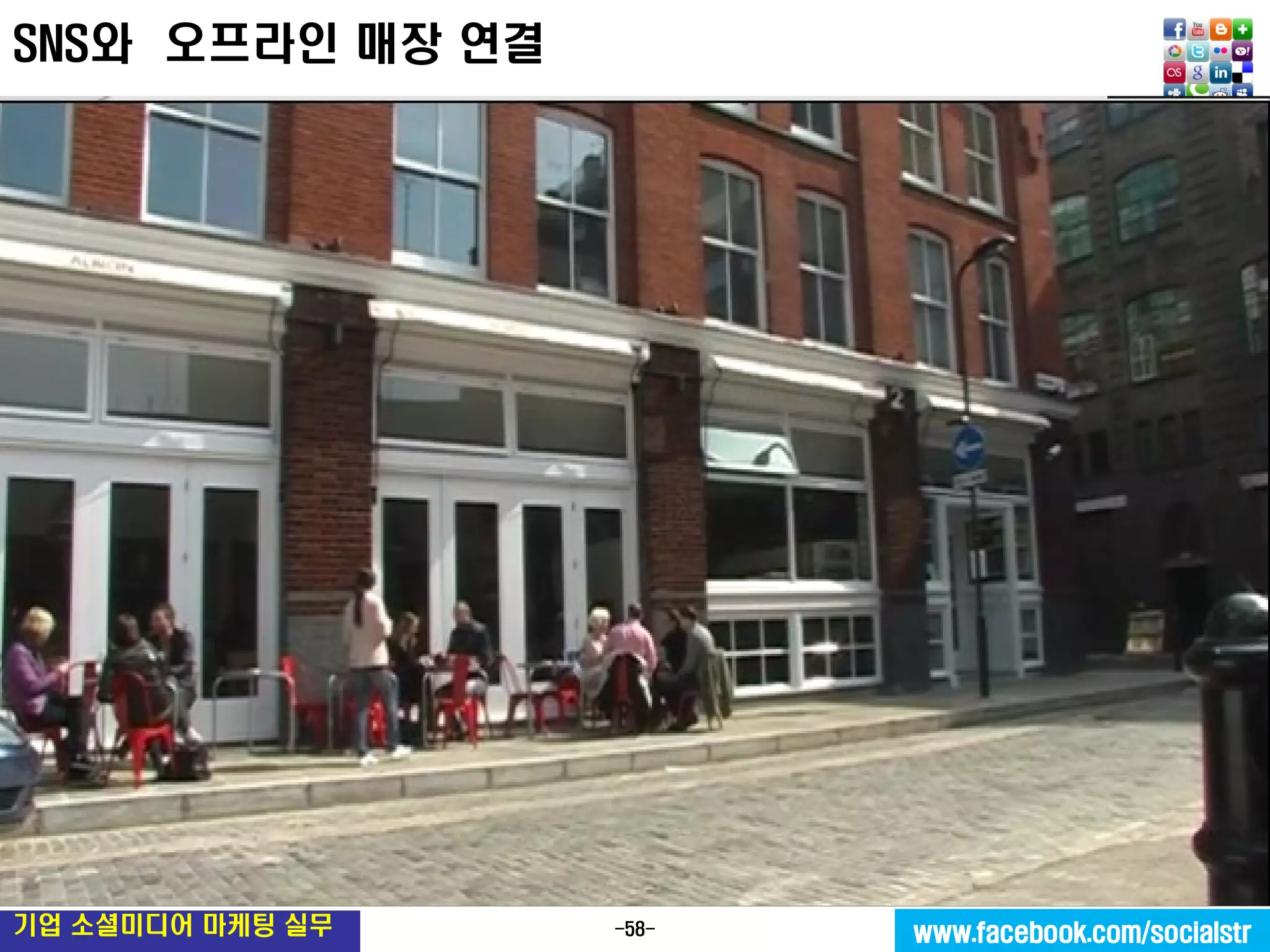 -58- 
기업 소셜미디어 마케팅 실무 
www.facebook.com/socialstr 
SNS와 오프라인 매장 연결  