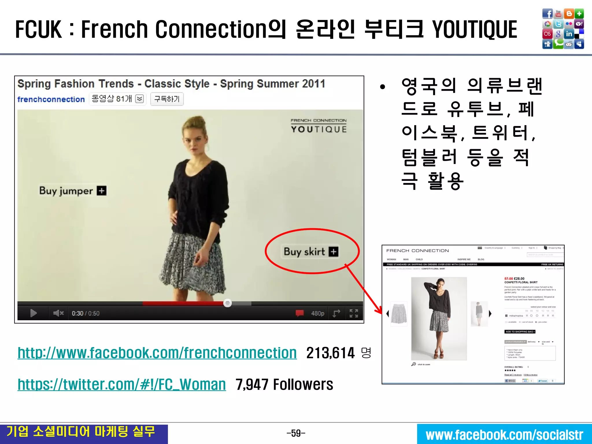 -59- 
기업 소셜미디어 마케팅 실무 
www.facebook.com/socialstr 
FCUK : French Connection의 온라인 부티크 YOUTIQUE 
•영국의 의류브랜드로 유투브, 페이스북, 트위터, 텀블러 등을 적극 활용 
http://www.facebook.com/frenchconnection 213,614 명 
https://twitter.com/#!/FC_Woman 7,947 Followers  