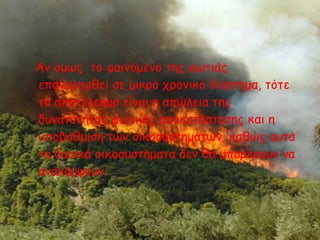 Αν όμως το φαινόμενο της φωτιάς 
επαναληφθεί σε μικρό χρονικό διάστημα, τότε 
το αποτέλεσμα είναι η απώλεια της 
δυνατότητας φυσικής αποκατάστασης και η 
υποβάθμιση των οικοσυστημάτων, καθώς αυτά 
τα δασικά οικοσυστήματα δεν θα μπορέσουν να 
ανακάμψουν. 
 