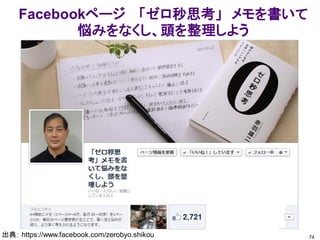 Facebookページ 「ゼロ秒思考」 メモを書いて 悩みをなくし、頭を整理しよう 
出典： https://www.facebook.com/zerobyo.shikou 
74  