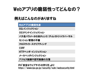 Webアプリの脆弱性ってどんなの？ 
Webアプリの脆弱性達 
SQLインジェクション 
OSコマンドインジェクション 
パス名パラメータの未チェック/ディレクトリ・トラバーサル 
セッション管理の不備 
クロスサイト・スクリプティング 
CSRF 
HTTPヘッダ・インジェクション 
メールヘッダインジェクション 
アクセス制御や認可制御の欠落 
IPA「安全なウェブサイトの作り方」より https://www.ipa.go.jp/security/vuln/websecurity.html 
例えばこんなのがありますね  