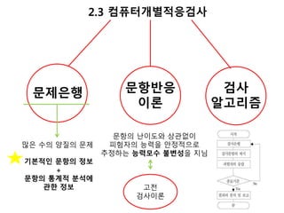 2.3 컴퓨터개별적응검사 
문제은행 문항반응 
이론 
검사 
알고리즘 
많은 수의 양질의 문제 
기본적인 문항의 정보 
+ 
문항의 통계적 분석에 
관한 정보 
문항의 난이도와 상관없이 
피험자의 능력을 안정적으로 
추정하는 능력모수 불변성을 지님 
고전 
검사이론 
 