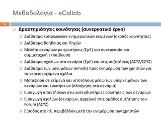Μεκοδολογία -eCollab 
15 
Δραςτθριότθτεσ κοινότθτασ (ςυνεργατικό ζργο) 
Διάβαςμα ειςαγωγικϊν-ενθμερωτικϊν κειμζνων (ςκοπόσ κοινότθτασ) 
Διάβαςμα Βοικειασ και Πθγϊν 
Μελζτθ ςεναρίων με ερωτιςεισ (ΣμΕ)για ςυνεργαςία και ςυμμετοχικι εκπαίδευςθ 
Διάβαςμα ςχολίων ςτα ςενάρια (ΣμΕ) και ςτισ ςυηθτιςεισ (ΑΣΥΗ/ΣΣΥΗ) 
Διάβαςμα των μθνυμάτων (emails) προσ ενθμζρωςθ των χρθςτϊν για τα νεοειςερχόμενα ςχόλια 
Μεταφορά ςε κείμενα και ιςτοτόπουσ μζςω των υπερκειμζνων των ςεναρίωνκαι ερωτιςεων (πλοιγθςθ ςτα ςενάρια) 
Ειςαγωγι απαντιςεων ςτισ κατευκυντιριεσ ερωτιςεισ των ςεναρίων 
Ειςαγωγι ςχολίων (ςεναρίων, αρχείων) ςτισ ομάδεσ ςυηιτθςθσ του Forum (ΑΣΥΗ) 
Είςοδοσ ςτο θλ. περιβάλλον μετά τθν ενθμζρωςθ των χρθςτϊν  