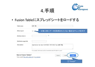 4.手順 
• Fusion Tableにスプレッドシートをロードする 
※第三者にデータを取得されたくない場合はチェックを外す 
①”Finish” 
 