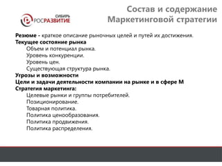 Состав и содержание 
Маркетинговой стратегии 
Резюме - краткое описание рыночных целей и путей их достижения. 
Текущее состояние рынка 
Объем и потенциал рынка. 
Уровень конкуренции. 
Уровень цен. 
Существующая структура рынка. 
Угрозы и возможности 
Цели и задачи деятельности компании на рынке и в сфере М 
Стратегия маркетинга: 
Целевые рынки и группы потребителей. 
Позиционирование. 
Товарная политика. 
Политика ценообразования. 
Политика продвижения. 
Политика распределения. 
 