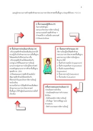 4 
แผนภูมิกระบวนการสร้างชุดฝึกทักษะกระบวนการทางวิทยาศาสตร์ขั้นพื้นฐาน ประยุกต์ใช้วงจร P D C A 
3)ขั้นตรวจสอบและประเมินผล (C) 
-ประเมินผลงานนักเรียน 
- ประเมินพฤติกรรมการทำงานของ 
นักเรียน 
- บันทึกผลหลังการจัดการเรียนรู้ 
- เก็บข้อมูล วิเคราะห์ข้อมูล แปล 
ความหมาย 
- จัดทำรายงายผลการจัดการเรียนรู้ 
2) ขั้นตอนการทาตามแผน (D) 
-จัดการเรียนรู้โดยใช้ชุดฝึกทักษะ 
กระบวนการทางวิทยาศาสตร์ขั้นพื้นฐาน 
และกระบวนการจัดการเรียนรู้แบบ 
สืบเสาะ ดังนี้ 
1. ขั้นสร้างความสนใจ (Engagement) 
2. ขั้นสำรวจและค้นหา (Exploration) 
3. ขั้นอธิบายและลงข้อสรุป 
(Explanation) 
4. ขั้นขยายความรู้ (Elaboration) 
5. ขั้นประเมิน (Evaluation) 
4) ขั้นนาผลการประเมินมาปรับปรุง (A) 
-ปรับปรุงชุดฝึกทักษะโดยเพิ่มเติมเอกสารให้ 
ความรู้เกี่ยวกับทักษะกระบวนการขั้นพื้นฐาน 
ให้สอดคล้องกับชีวิตประจำมากขึ้น 
-ปรับปรุงชุดฝึกทักษะให้สอดคล้องกับ 
มาตรฐาน ตัวชี้วัดและสาระการเรียนรู้ 
แกนกลางกลุ่มสาระการเรียนรู้วิทยาศาสตร์ 
ตามหลักสูตรแกนกลางการศึกษาขั้นพื้นฐาน 
พุทธศักราช 2551 
-นำข้อเสนอแนะจากชุดฝึกทักษะเดิมไป 
พัฒนาชุดฝึกทักษะให้สอดคล้องกับ 
ชีวิตประจำวันและบริบทกาจัดการเรียนรู้ 
ของโรงเรียน 
ขยายเครือข่ายการใช้ชุดฝึกทักษะเพื่อพัฒนา 
ทักษะกระบวนการทางวิทยาศาสตร์ 
ขั้นพื้นฐาน ให้กับผู้สนใจและหน่วยงานอื่นที่ 
เกี่ยวข้อง 
1) ขั้นวางแผนปฏิบัติงาน (P) 
-วิเคราะห์หลักสูตร 
-ออกแบบกิจกรรมการจัดการเรียนรู้ 
-ออกแบบและสร้างชุดฝึกทักษะ ฯ 
-กำหนดวิธีการ เครื่องมือ และเกณฑ์ 
การวัดและประเมินผล 
 