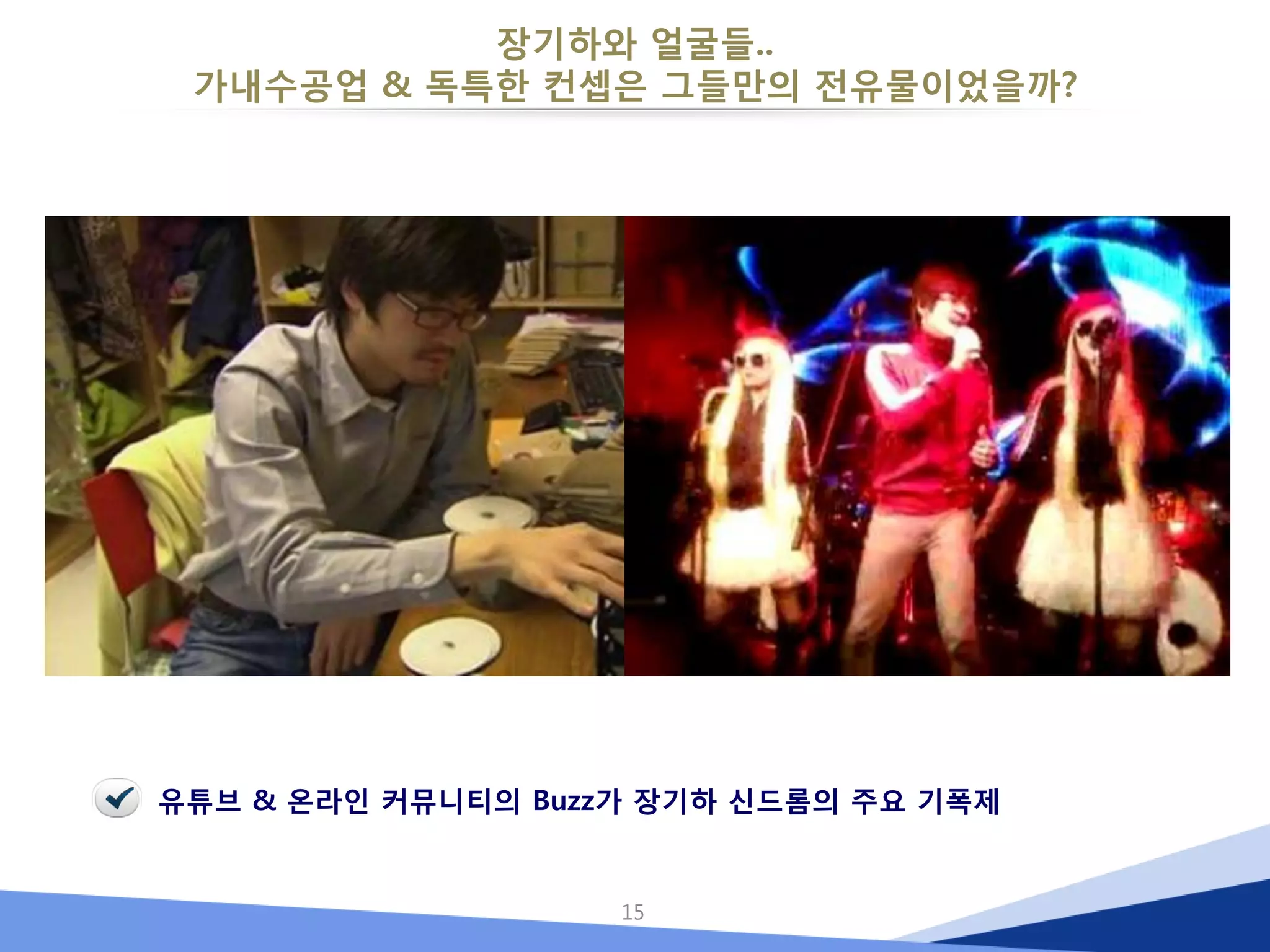 장기하와 얼굴들.. 
가내수공업 & 독특한 컨셉은 그들만의 전유물이었을까? 
15 
유튜브 & 온라인 커뮤니티의 Buzz가 장기하 신드롬의 주요 기폭제  