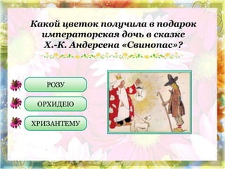 Какой цветок получила в подарок 
императорская дочь в сказке 
Х.-К. Андерсена «Свинопас»? 
РОЗУ 
ОРХИДЕЮ 
ХРИЗАНТЕМУ 
 