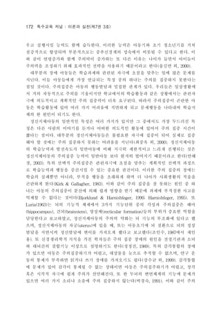 172 ???? ?? : ??? ??(?7? 3?) 
?? ???? ??? ?? ????. ??? ??? ???? ?? ????? ?? 
????? ???? ?????? ?????? ???? ??? ? ??? ??. ? 
? ?? ????? ?? ???? ???? ? ?? ??? ??? ??? ???? 
???? ???? ?? ???? ??? ???? ????? ??(??? ?, 2000). 
???? ?? ???? ????? ??? ??? ??? ??? ?? ?? ??? 
???. ?? ????? ?? ???? ?? ?? ??? ??? ???? ???? 
?? ???. ????? ??? ????? ??? ??? ??. ???? ????? 
? ?? ????? ??? ????? ????? ????? ?? ????? ??? 
?? ????? ???? ?? ???? ?? ????. ??? ????? ??? ? 
?? ????? ?? ?? ?? ???? ???? ?? ????? ???? ??? 
?? ? ??? ??? ??. 
??????? ???? ??? ?? ??? ??? ? ???? ?? ???? ? 
?? ?? ??? ???? ??? ??? ???? ??? ??? ?? ?? ??? 
??? ???. ???? ???????? ???? ??? ??? ?? ??? ?? 
?? ? ??? ?? ???? ??? ???? ???(??? ?, 2000). ?????? 
? ????? ????? ????? ?? ??? ????? ??? ???? ?? 
??????? ???? ??? ???? ?? ??? ???? ????? ??(?? 
?, 2003). ?? ??? ????? ????? ??? ??? ???? ??? ??? 
? ????? ??? ???? ? ?? ??? ????. ??? ?? ??? ??? 
??? ???? ???, ??? ??? ???? ?? ? ??? ????? ??? 
???? ??(Kirk & Gallagher, 1983). ?? ?? ?? ??? ? ??? ?? ? ? 
?? ??? ????? ??? ?? ?? ??? ?? ??? ??? ???? ??? 
??? ? ??? ???(Bjorklund & Harnishfeger, 1990; Harnishfeger, 1995). ? 
Luria(1963)? ?? ??? ???? 3?? ???? ?? ??? ????? ?? 
(hippocampus), ??(brainstem), ???(recticular formation)?? ??? ??? ??? 
????? ?????, ??????? ??? ??? ? ??? ???? ??? ? 
??, ??????? ??(uterus)? ?? ?, ?? ????? ? ???? ?? ?? 
??? ???? ????? ??? ???? ??? ????(???, 1987?? ?? 
?). ? ?????? ??? ?? ???? ?? ?? ??? ??? ????? ?? 
? ???? ???? ???? ????? ??(???, 1989). ?? ????? ?? 
? ??? ??? ??????? ???, ???? ??? ??? ? ???, ?? ? 
?? ??? ???? ??? ?? ??? ????? ??(??? ?, 1999). ???? 
? ??? ?? ??? ??? ? ?? ???? ??? ??????? ???, ?? 
?? ??? ??? ?? ??? ?????. ? ? ??? ????? ??? ??? 
??? ?? ?? ??? ??? ?? ???? ???(???, 1991). ?? ?? ?? 
 