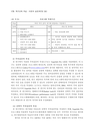 178 ???? ?? : ??? ??(?7? 3?) 
<? -5> ???? ???? 
?? ?? ?? ?? ??? ???? ???? 
?? ?? ?? ?? ? ??? 
?? 
 ???? 
 ?? ??? 
 ???? ???? 
5? ? ?? ???? ?? 
?? 
 ?????? 
? ?? ?? ?? ?? 
? ??? ?? ?? ?? 
? ?? ?? ?? ?? 
? ?? ?? ?? ?? 
9 
9 
8 
4 
? ??? ??? ??? ?? ??? 
??, ??? ??? ???? ???? 
??? ??. 
? ??? ???? ??? ?? ? ? 
? ?? ????? ??. 
?? 
 ???? 
 ???? 
5 ???? ? ?? 
2) ????? ?? 
? ???? ??? ????? ?????? Superlab Pro 1.05? ?????. ? ? 
?? ??? ??? ????? ????, ??? ????? ?? ???? ???? 
?????? Cedrus?(www.cedrus.com)?? ??? ????. ?? ? ???? ?? 
? ???? ?? ??? ??? ??? ???? ??? ????? ??? ? ??? 
?????? ? ????? ???? ?? ?????? ??? ??? ? ??? ? 
???, ?????? ??? ?? ????? ??? ??? ??? ? ?? ?? ? 
?? ??? ??. ??, ?? ???? ??? ?? ????? ???????? ?? 
?? ?? ?? ??? ??? ? ??? ???? ?? ????? ????? ??? 
?? ?? ??? ???? ???? ???? ??(???, 2004). ??? ?? ??? 
??????? Superlab Pro? ? ??? ??? ?? ???? ???? ?? ??? 
????. ? ????? ??????(flanker task)? ???? ??? ?? ???? 
????, ??????(continuos performance task)? ???? ??? ??? ??? 
? ??? ???????? .??, ???? ??? ??????? ????? ??? 
?? ???? ? ??? ??? ?? ?????. 
(1) ??? ????? ?? 
? ????? ???? ???? ??? ?????? ???? ??, Superlab Pro 
????? ???? ????(????)? ????? ?? ???? ???? ??? 
?, ??????? ?????? ??? ??? ?? ???? ??? ?????. 
??? ??? ? ?? 120?? ?? 40?? ?? ?? ????? ??? ??? 
 