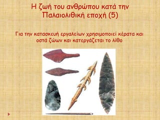 Η ζωή του ανθρώπου κατά την 
Παλαιολιθική εποχή (5) 
Για την κατασκευή εργαλείων χρησιμοποιεί κέρατα και 
οστά ζώων και κατεργάζεται το λίθο 
 
