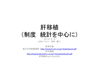 肝移植 
（制度統計を中心に） 
２０１４．６．６ 
０８２１１０１１ 河内健二 
参考文献 
金沢大学附属病院http://www15.ocn.ne.jp/~itoda/koue3.pdf 
京大病院 
http://www.kuhp.kyoto-u.ac.jp/~transplant/Guide.pdf 
肝移植のup to date2001 
 