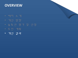 OVERVIEW 
• 배치 소개 
• 개선 방향 
• 솔류션 평가 및 선정 
• 추진 계획 
• 개선 결과 
 