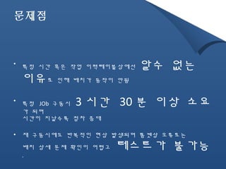 문제점 
• 특정 시간 혹은 작업 이력테이블상에선 알수 없는 
이유로 인해 배치가 동작이 안됨 
• 특정 JOb 구동시 3시간 30 분 이상 소요 
가 되며 
시간이 지날수록 점차 증대 
• 재 구동시에도 반복적인 현상 발생되며 톰켓상 오류로는 
배치 상세 문제 확인이 어렵고 테스트가 불가능 
. 
 