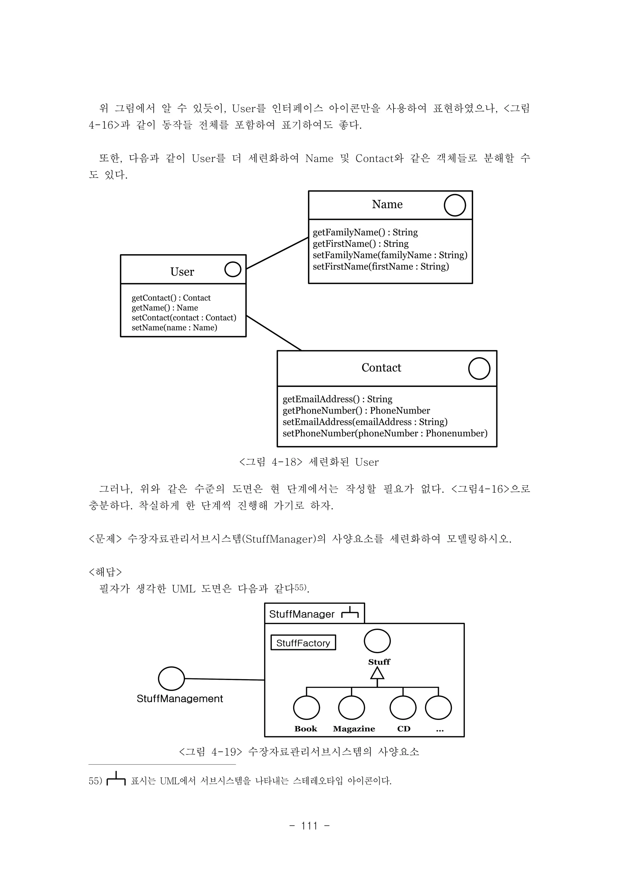 위 그림에서 알 수 있듯이, User를 인터페이스 아이콘만을 사용하여 표현하였으나, <그림 
4-16>과 같이 동작들 전체를 포함하여 표기하여도 좋다. 
또한, 다음과 같이 User를 더 세련화하여 Name 및 Contact와 같은 객체들로 분해할 수 
도 있다. 
그러나, 위와 같은 수준의 도면은 현 단계에서는 작성할 필요가 없다. <그림4-16>으로 
충분하다. 착실하게 한 단계씩 진행해 가기로 하자. 
<문제> 수장자료관리서브시스템(StuffManager)의 사양요소를 세련화하여 모델링하시오. 
<해답> 
필자가 생각한 UML 도면은 다음과 같다55). 
StuffFactory 
- 111 - 
User 
getContact() : Contact 
getName() : Name 
setContact(contact : Contact) 
setName(name : Name) 
Name 
getFamilyName() : String 
getFirstName() : String 
setFamilyName(familyName : String) 
setFirstName(firstName : String) 
Contact 
getEmailAddress() : String 
getPhoneNumber() : PhoneNumber 
setEmailAddress(emailAddress : String) 
setPhoneNumber(phoneNumber : Phonenumber) 
<그림 4-18> 세련화된 User 
StuffManager 
Stuff 
Book Magazine CD … 
StuffManagement 
<그림 4-19> 수장자료관리서브시스템의 사양요소 
55) 표시는 UML에서 서브시스템을 나타내는 스테레오타입 아이콘이다. 
 