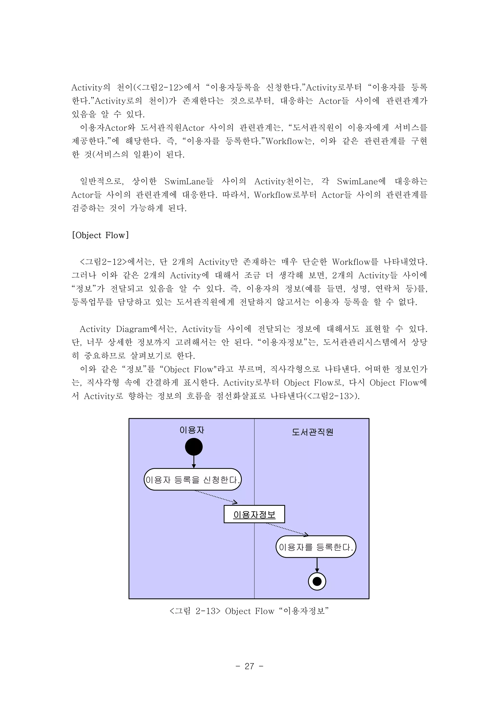 Activity의 천이(<그림2-12>에서 “이용자등록을 신청한다.”Activity로부터 “이용자를 등록 
한다.”Activity로의 천이)가 존재한다는 것으로부터, 대응하는 Actor들 사이에 관련관계가 
있음을 알 수 있다. 
이용자Actor와 도서관직원Actor 사이의 관련관계는, “도서관직원이 이용자에게 서비스를 
제공한다.”에 해당한다. 즉, “이용자를 등록한다.”Workflow는, 이와 같은 관련관계를 구현 
한 것(서비스의 일환)이 된다. 
일반적으로, 상이한 SwimLane들 사이의 Activity천이는, 각 SwimLane에 대응하는 
Actor들 사이의 관련관계에 대응한다. 따라서, Workflow로부터 Actor들 사이의 관련관계를 
검증하는 것이 가능하게 된다. 
이용자 도서관직원 
이용자 등록을 신청한다. 
- 27 - 
이용자를 등록한다. 
이용자정보 
<그림 2-13> Object Flow “이용자정보” 
[Object Flow] 
<그림2-12>에서는, 단 2개의 Activity만 존재하는 매우 단순한 Workflow를 나타내었다. 
그러나 이와 같은 2개의 Activity에 대해서 조금 더 생각해 보면, 2개의 Activity들 사이에 
“정보”가 전달되고 있음을 알 수 있다. 즉, 이용자의 정보(예를 들면, 성명, 연락처 등)를, 
등록업무를 담당하고 있는 도서관직원에게 전달하지 않고서는 이용자 등록을 할 수 없다. 
Activity Diagram에서는, Activity들 사이에 전달되는 정보에 대해서도 표현할 수 있다. 
단, 너무 상세한 정보까지 고려해서는 안 된다. “이용자정보”는, 도서관관리시스템에서 상당 
히 중요하므로 살펴보기로 한다. 
이와 같은 “정보”를 “Object Flow"라고 부르며, 직사각형으로 나타낸다. 어떠한 정보인가 
는, 직사각형 속에 간결하게 표시한다. Activity로부터 Object Flow로, 다시 Object Flow에 
서 Activity로 향하는 정보의 흐름을 점선화살표로 나타낸다(<그림2-13>). 
 