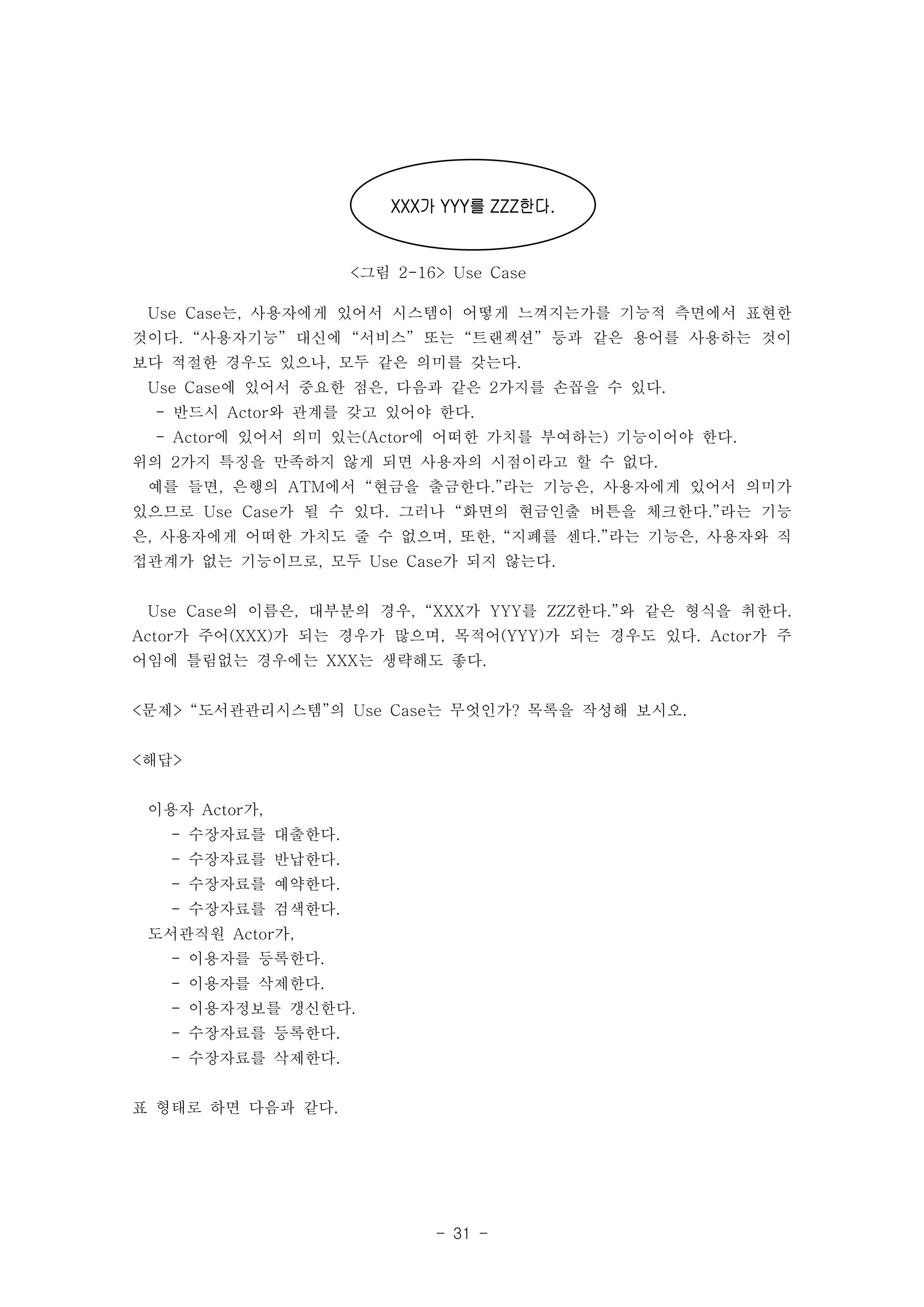 XXX가 YYY를 ZZZ한다. 
<그림 2-16> Use Case 
Use Case는, 사용자에게 있어서 시스템이 어떻게 느껴지는가를 기능적 측면에서 표현한 
것이다. “사용자기능” 대신에 “서비스” 또는 “트랜젝션” 등과 같은 용어를 사용하는 것이 
보다 적절한 경우도 있으나, 모두 같은 의미를 갖는다. 
Use Case에 있어서 중요한 점은, 다음과 같은 2가지를 손꼽을 수 있다. 
- 반드시 Actor와 관계를 갖고 있어야 한다. 
- Actor에 있어서 의미 있는(Actor에 어떠한 가치를 부여하는) 기능이어야 한다. 
위의 2가지 특징을 만족하지 않게 되면 사용자의 시점이라고 할 수 없다. 
예를 들면, 은행의 ATM에서 “현금을 출금한다.”라는 기능은, 사용자에게 있어서 의미가 
있으므로 Use Case가 될 수 있다. 그러나 “화면의 현금인출 버튼을 체크한다.”라는 기능 
은, 사용자에게 어떠한 가치도 줄 수 없으며, 또한, “지폐를 센다.”라는 기능은, 사용자와 직 
접관계가 없는 기능이므로, 모두 Use Case가 되지 않는다. 
Use Case의 이름은, 대부분의 경우, “XXX가 YYY를 ZZZ한다.”와 같은 형식을 취한다. 
Actor가 주어(XXX)가 되는 경우가 많으며, 목적어(YYY)가 되는 경우도 있다. Actor가 주 
어임에 틀림없는 경우에는 XXX는 생략해도 좋다. 
<문제> “도서관관리시스템”의 Use Case는 무엇인가? 목록을 작성해 보시오. 
- 31 - 
<해답> 
이용자 Actor가, 
- 수장자료를 대출한다. 
- 수장자료를 반납한다. 
- 수장자료를 예약한다. 
- 수장자료를 검색한다. 
도서관직원 Actor가, 
- 이용자를 등록한다. 
- 이용자를 삭제한다. 
- 이용자정보를 갱신한다. 
- 수장자료를 등록한다. 
- 수장자료를 삭제한다. 
표 형태로 하면 다음과 같다. 
 
