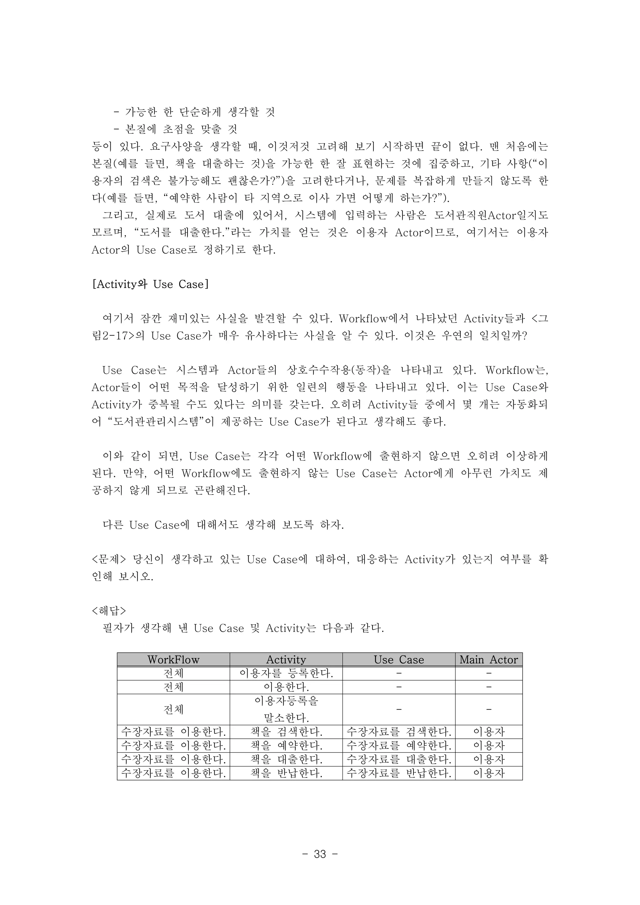 - 가능한 한 단순하게 생각할 것 
- 본질에 초점을 맞출 것 
등이 있다. 요구사양을 생각할 때, 이것저것 고려해 보기 시작하면 끝이 없다. 맨 처음에는 
본질(예를 들면, 책을 대출하는 것)을 가능한 한 잘 표현하는 것에 집중하고, 기타 사항(“이 
용자의 검색은 불가능해도 괜찮은가?”)을 고려한다거나, 문제를 복잡하게 만들지 않도록 한 
다(예를 들면, “예약한 사람이 타 지역으로 이사 가면 어떻게 하는가?”). 
그리고, 실제로 도서 대출에 있어서, 시스템에 입력하는 사람은 도서관직원Actor일지도 
모르며, “도서를 대출한다.”라는 가치를 얻는 것은 이용자 Actor이므로, 여기서는 이용자 
Actor의 Use Case로 정하기로 한다. 
[Activity와 Use Case] 
여기서 잠깐 재미있는 사실을 발견할 수 있다. Workflow에서 나타났던 Activity들과 <그 
림2-17>의 Use Case가 매우 유사하다는 사실을 알 수 있다. 이것은 우연의 일치일까? 
Use Case는 시스템과 Actor들의 상호수수작용(동작)을 나타내고 있다. Workflow는, 
Actor들이 어떤 목적을 달성하기 위한 일련의 행동을 나타내고 있다. 이는 Use Case와 
Activity가 중복될 수도 있다는 의미를 갖는다. 오히려 Activity들 중에서 몇 개는 자동화되 
어 “도서관관리시스템”이 제공하는 Use Case가 된다고 생각해도 좋다. 
이와 같이 되면, Use Case는 각각 어떤 Workflow에 출현하지 않으면 오히려 이상하게 
된다. 만약, 어떤 Workflow에도 출현하지 않는 Use Case는 Actor에게 아무런 가치도 제 
공하지 않게 되므로 곤란해진다. 
다른 Use Case에 대해서도 생각해 보도록 하자. 
<문제> 당신이 생각하고 있는 Use Case에 대하여, 대응하는 Activity가 있는지 여부를 확 
인해 보시오. 
<해답> 
필자가 생각해 낸 Use Case 및 Activity는 다음과 같다. 
WorkFlow Activity Use Case Main Actor 
전체 이용자를 등록한다. - - 
전체 이용한다. - - 
- 33 - 
전체 
이용자등록을 
말소한다. 
- - 
수장자료를 이용한다. 책을 검색한다. 수장자료를 검색한다. 이용자 
수장자료를 이용한다. 책을 예약한다. 수장자료를 예약한다. 이용자 
수장자료를 이용한다. 책을 대출한다. 수장자료를 대출한다. 이용자 
수장자료를 이용한다. 책을 반납한다. 수장자료를 반납한다. 이용자 
 